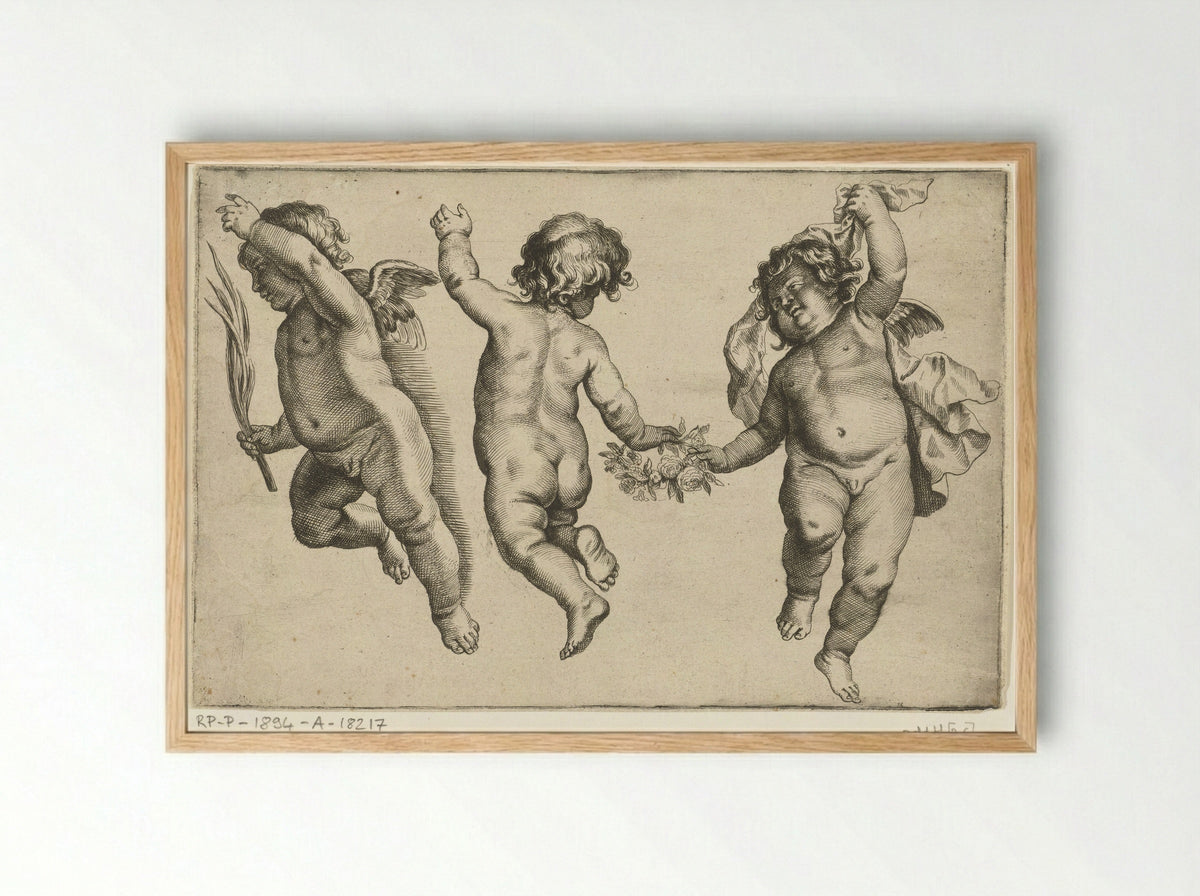 A Child Dancing Between Two Angels - Pieter van Avont - Framed Print Wood
