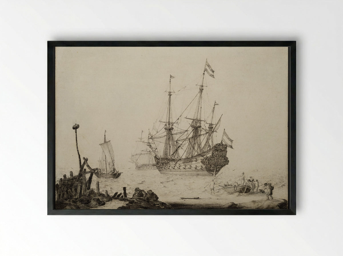 A Coastal Scene with Figures and a Danzig Ship - Ludolf Bakhuizen - Framed Print Black