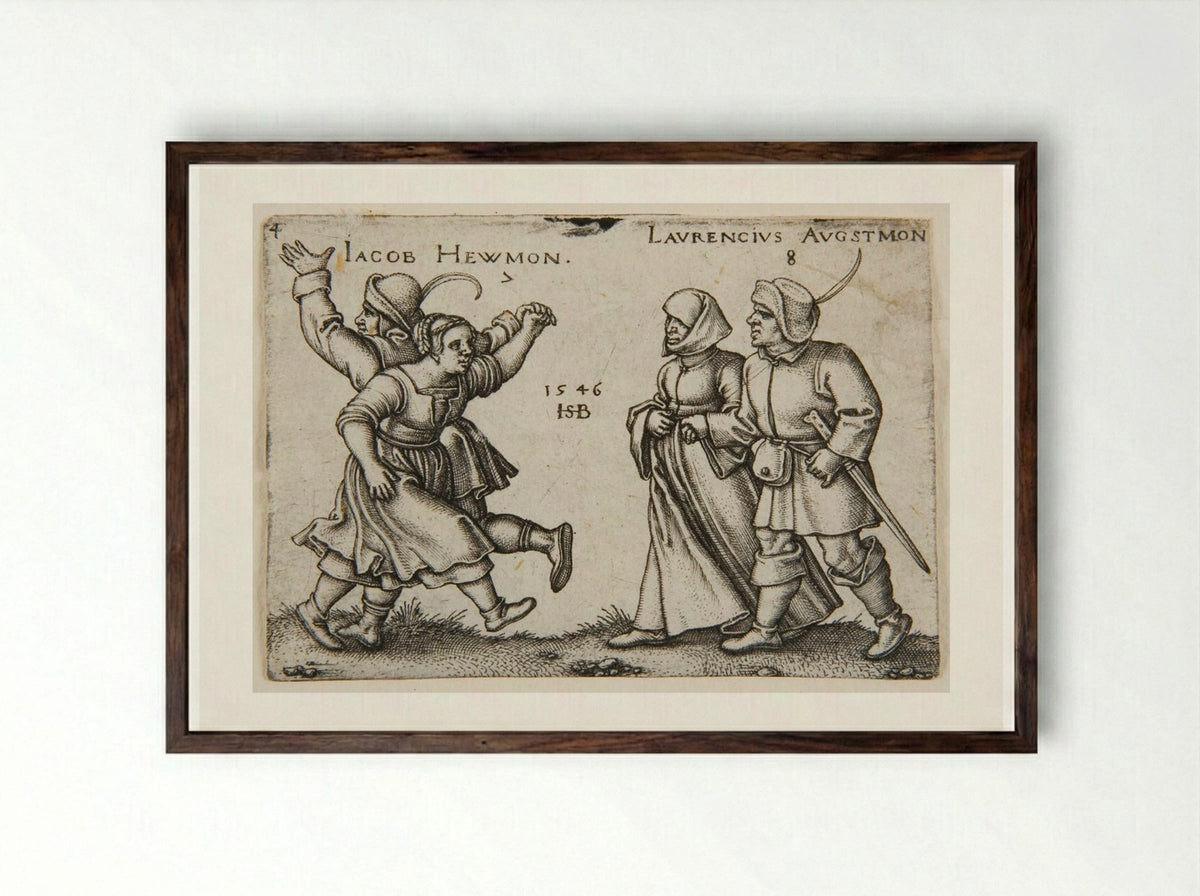 A Couple Dancing and a Couple Walking - Sebald Beham - Framed Print Dark Wood