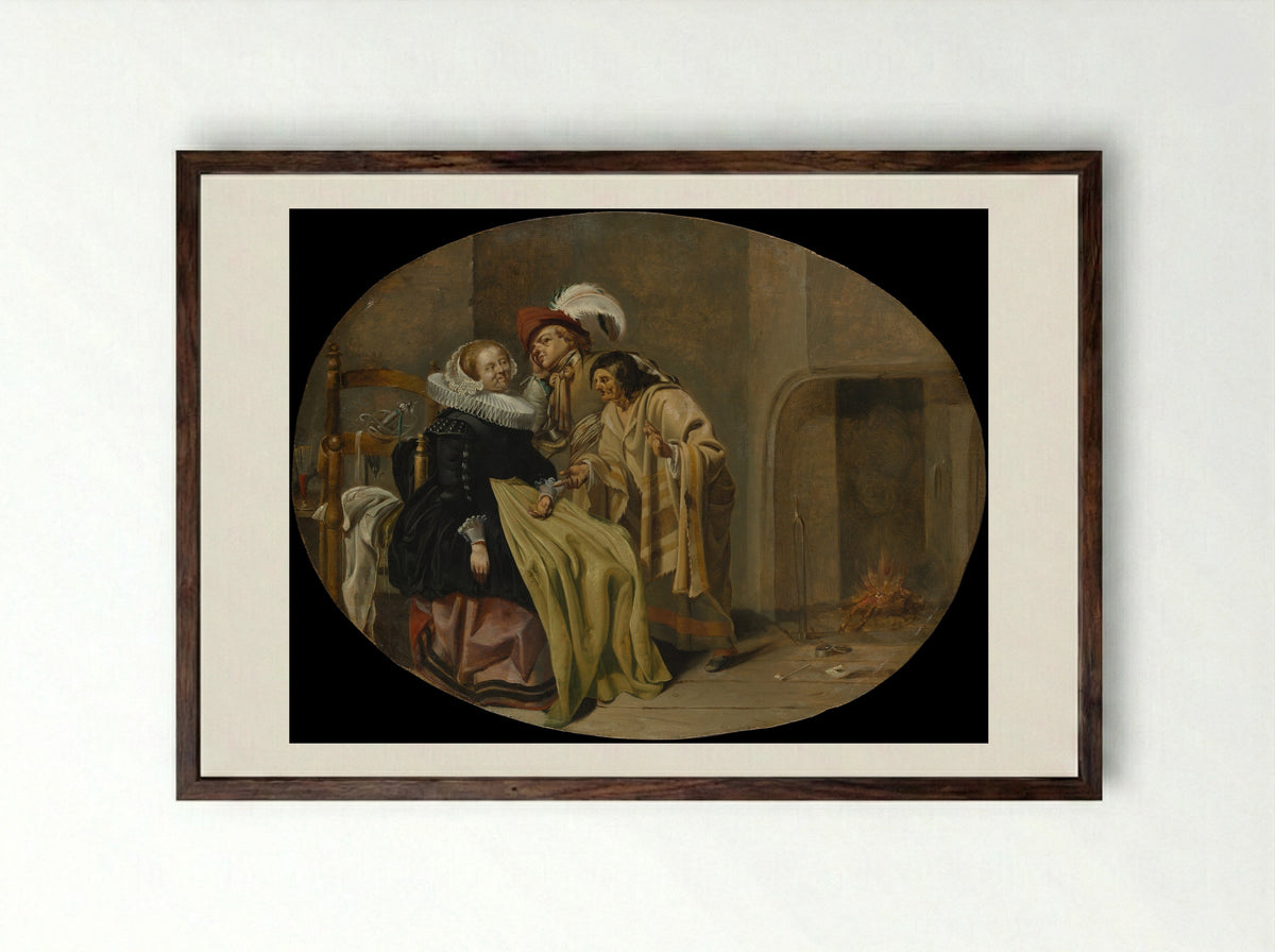 A Couple in an Interior with a Fortune-Teller - Jacob Duck - Framed Print Dark Wood