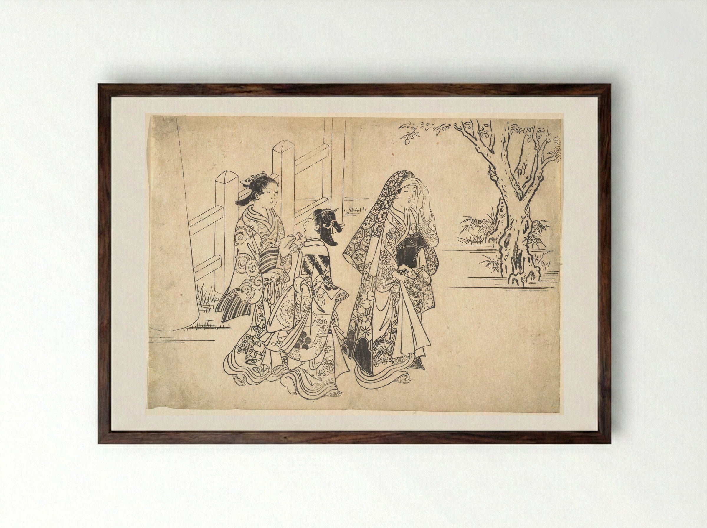 A Courtesan Followed by Two Girl Attendants - Nishikawa Sukenobu - Framed Print Dark Wood