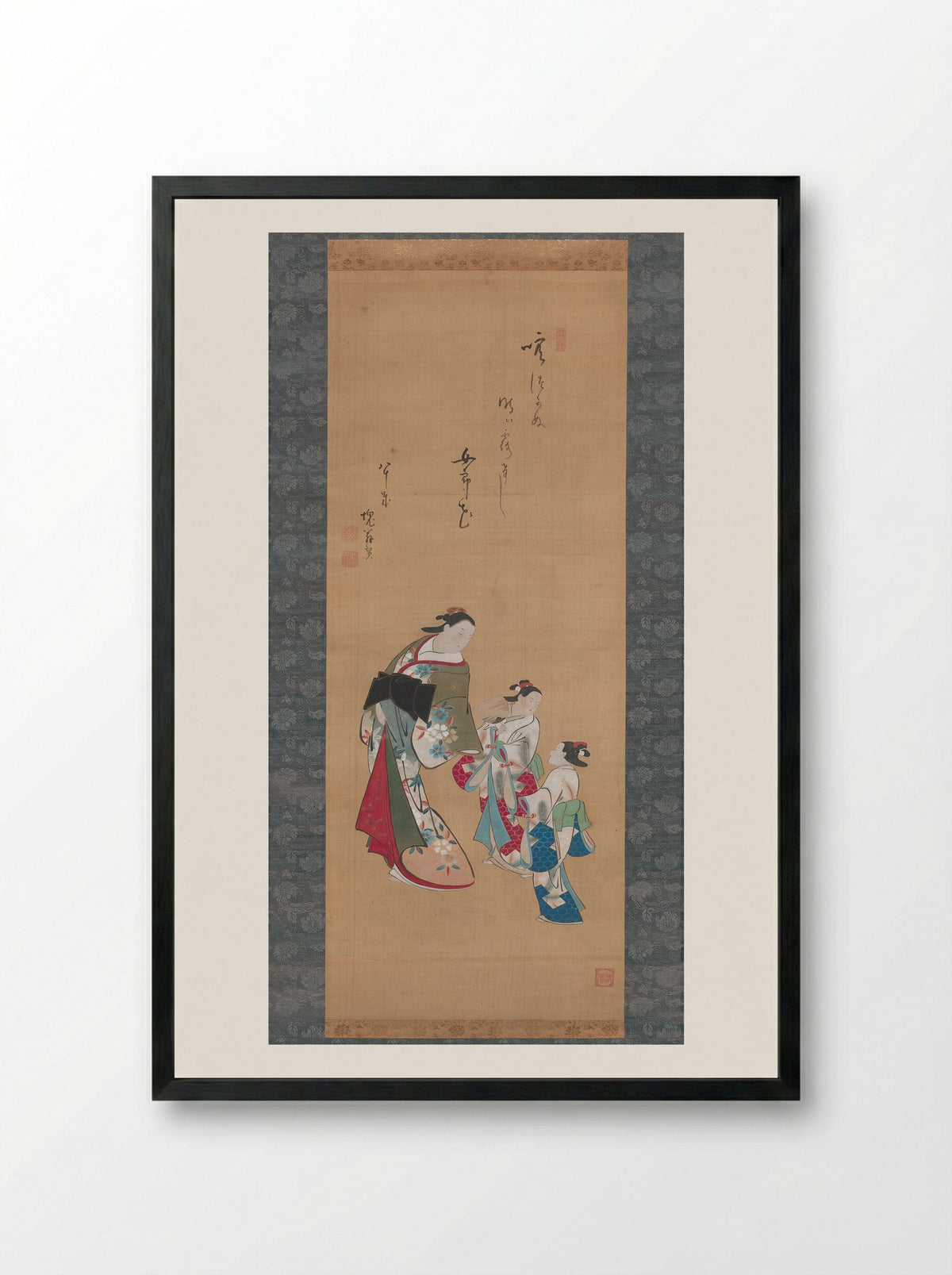 A Courtesan with Her Child Attendant - Torii Kiyonobu I - Framed Print Black