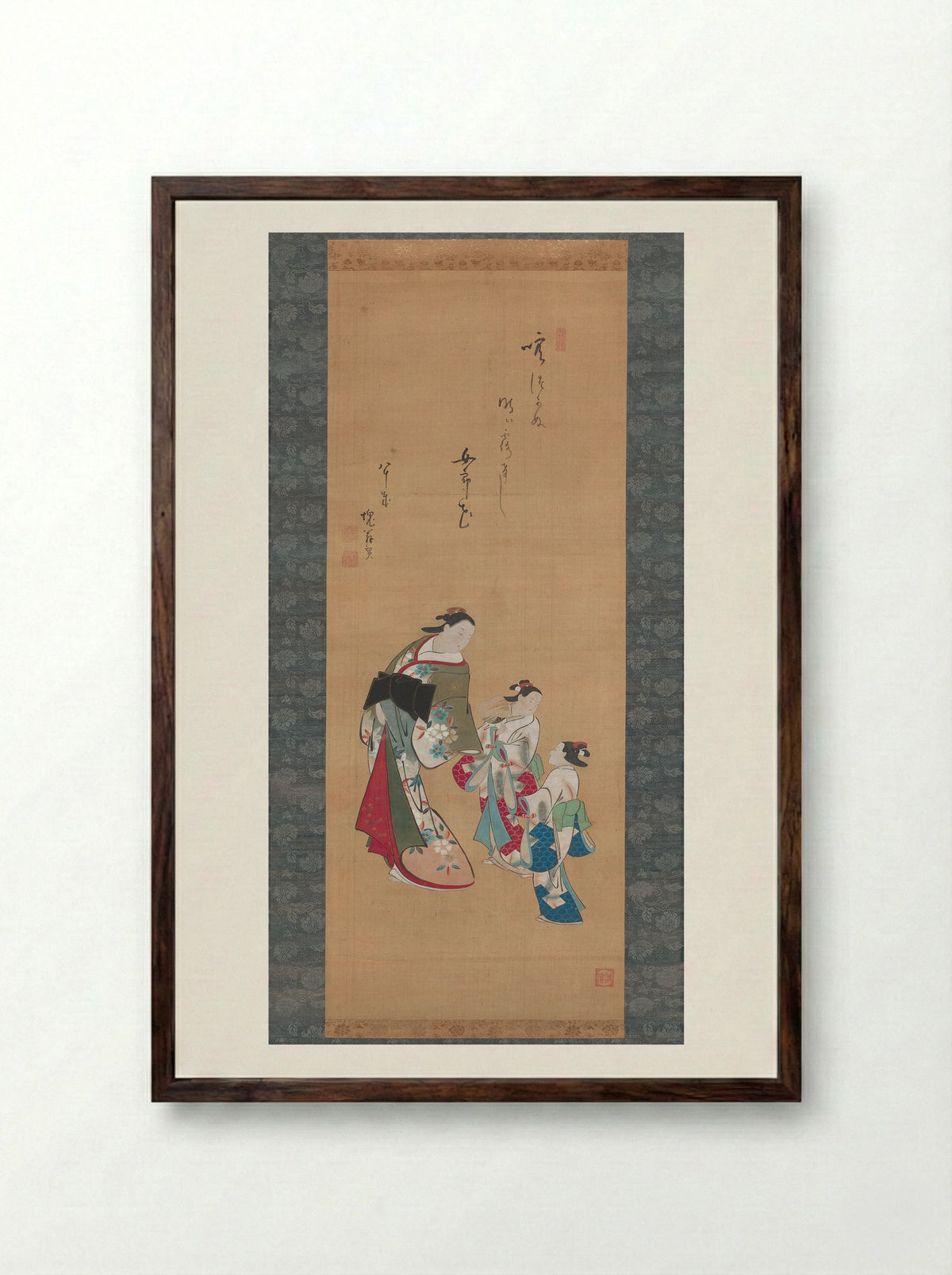 A Courtesan with Her Child Attendant - Torii Kiyonobu I - Framed Print Dark Wood