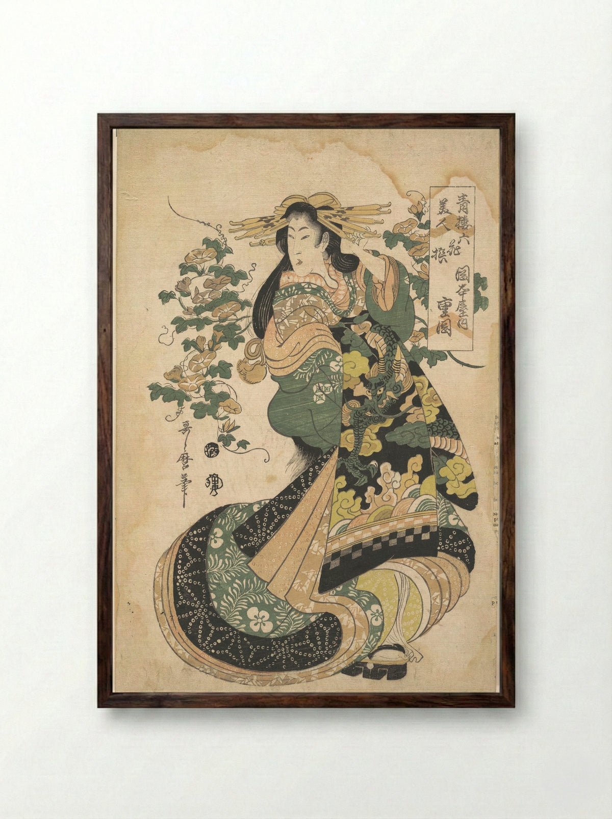 A Courtesan with Morning-glories on the Background - Utamaro II - Framed Print Dark Wood