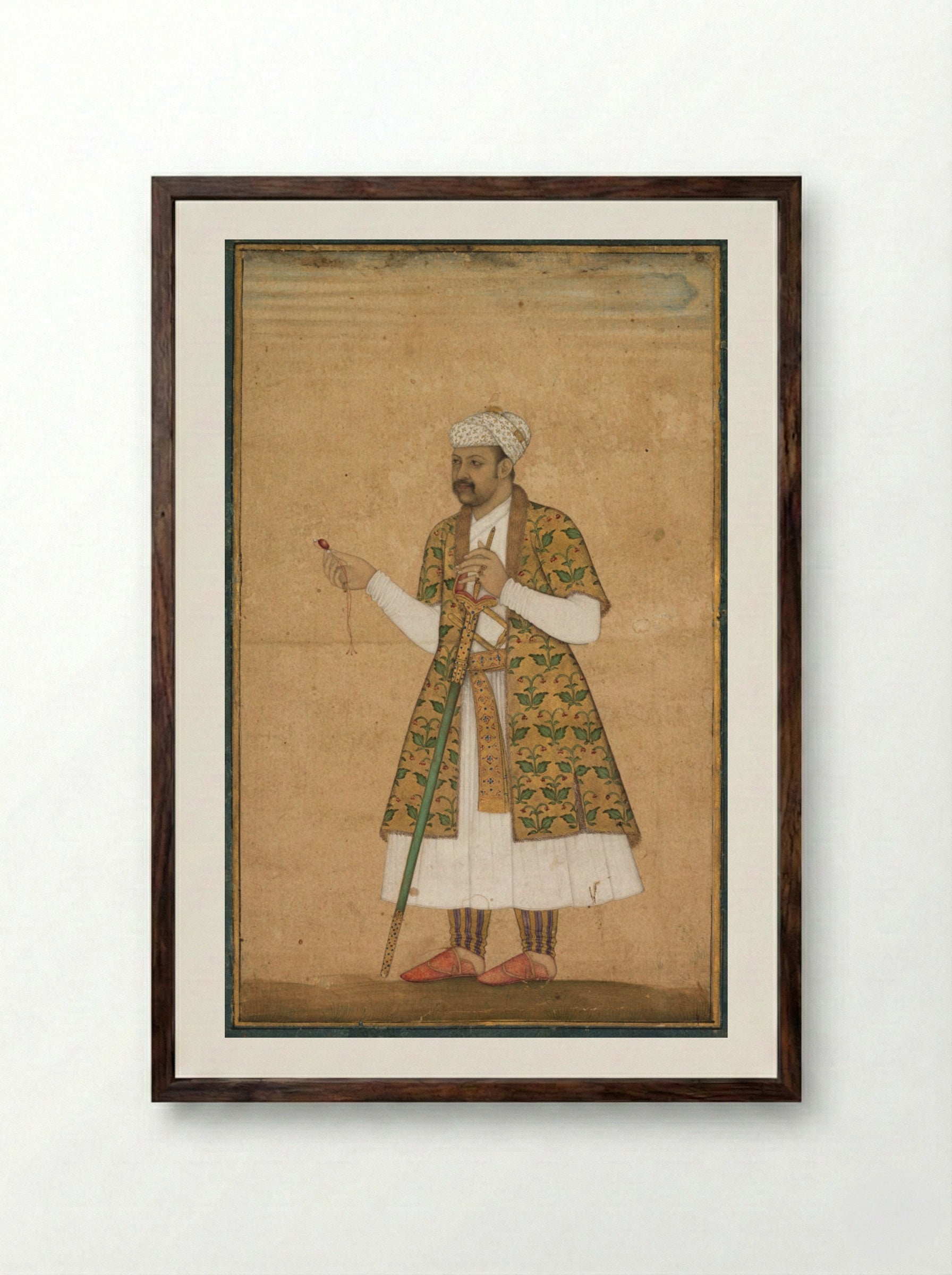 A Courtier, Possibly Khan Alam, Holding a Spinel and a Deccan Sword - Govardhan - Framed Print Dark Wood