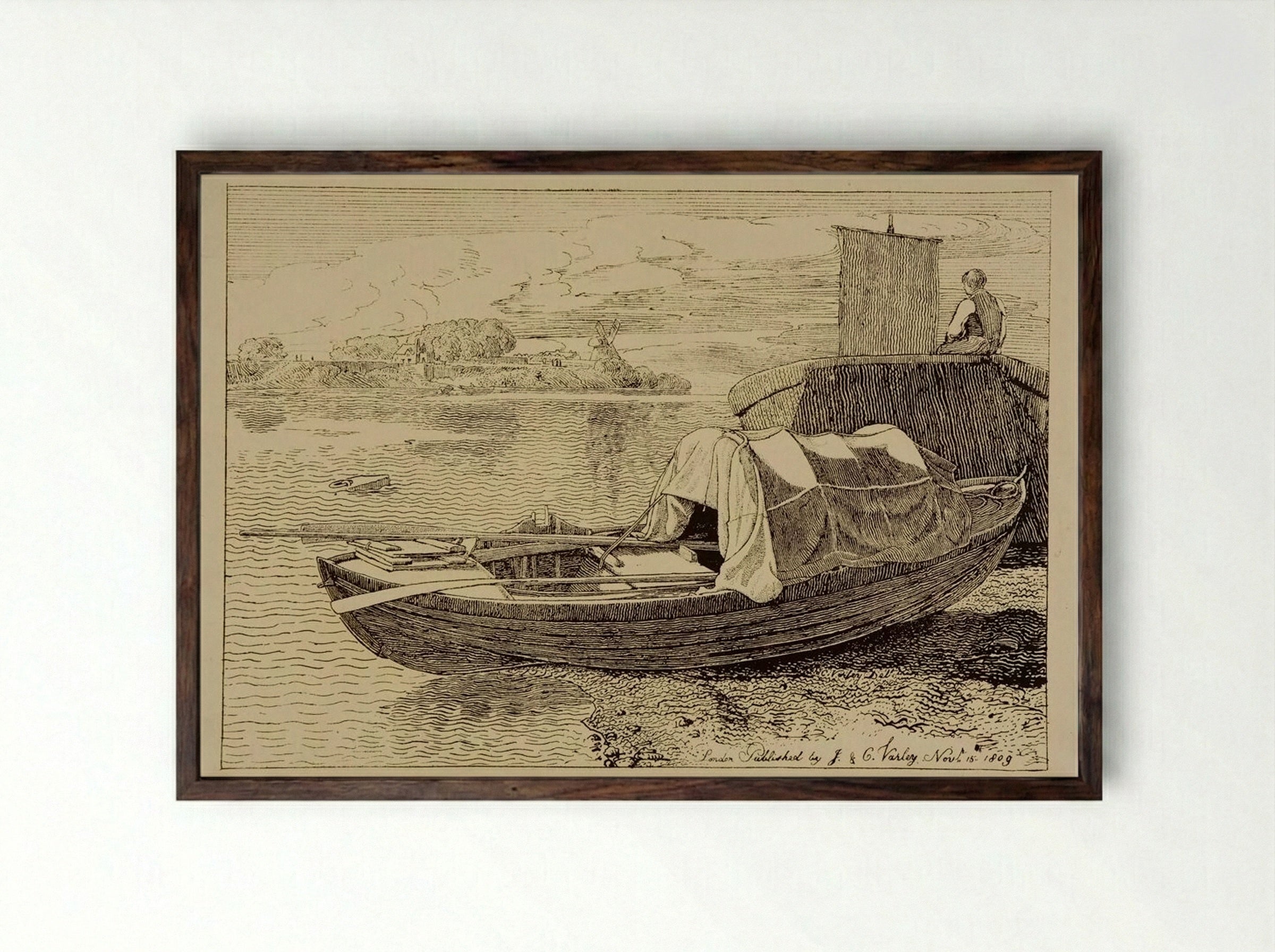 A Covered Fishing Boat Pulled Up on the Shore, a Windmill in the Distance - Cornelius Varley - Framed Print Dark Wood