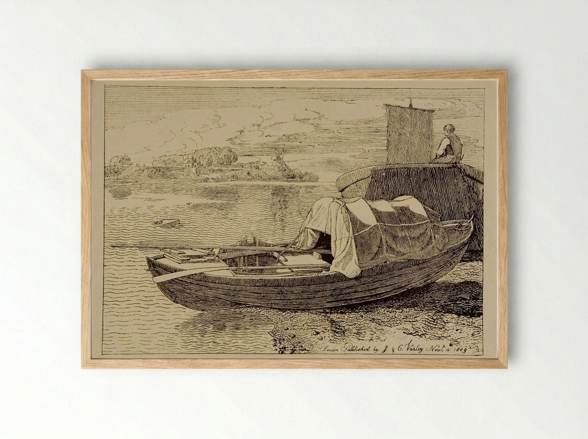 A Covered Fishing Boat Pulled Up on the Shore, a Windmill in the Distance - Cornelius Varley - Framed Print Wood