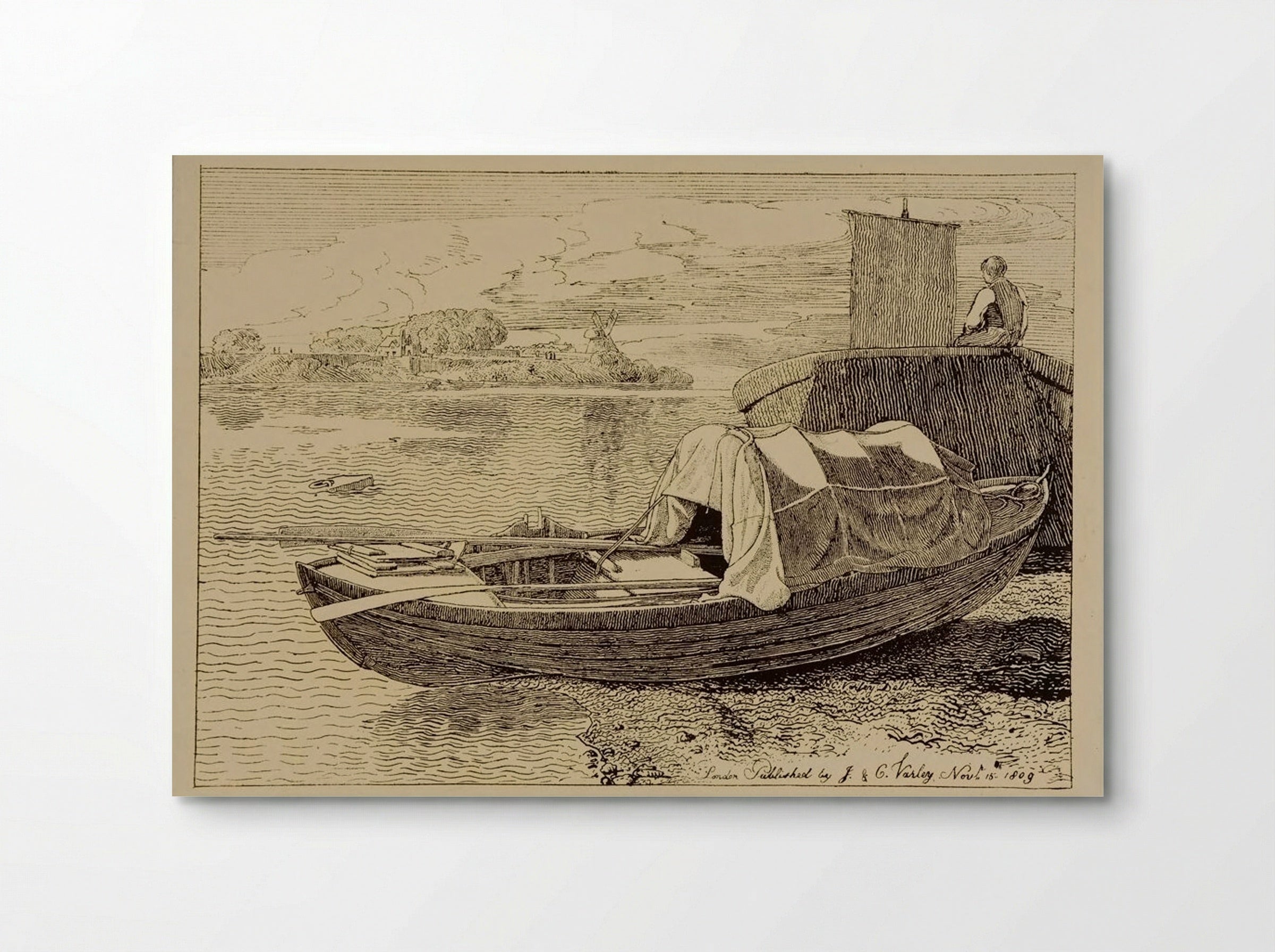 A Covered Fishing Boat Pulled Up on the Shore, a Windmill in the Distance - Cornelius Varley - Poster