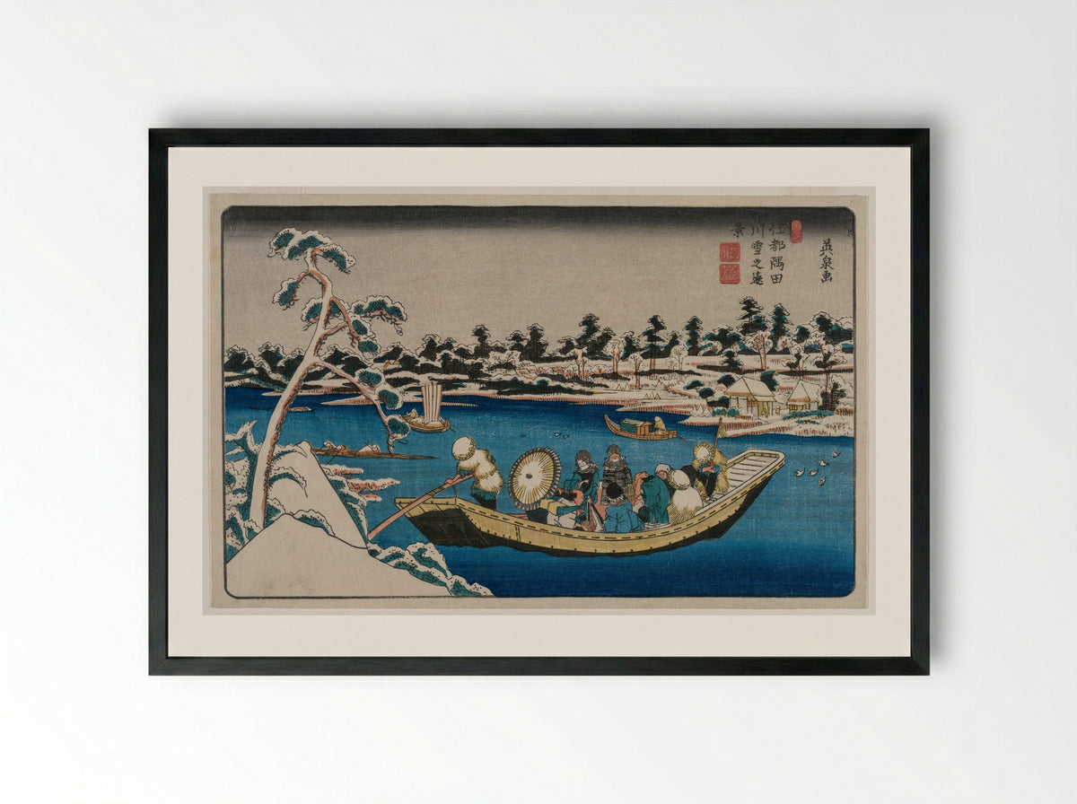 A Distant View of Snow on the Sumida River in Edo - Ikeda Eisen - Framed Print Black