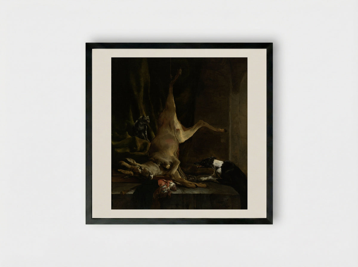 A Dog and a Cat with a Half-Dressed Roe Deer - Jan Baptist Weenix - Framed Print Black