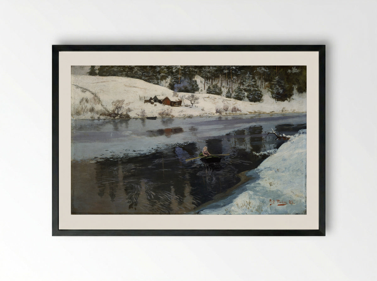 A Factory Building near an Icy River in Winter - Frits Thaulow - Framed Print Black