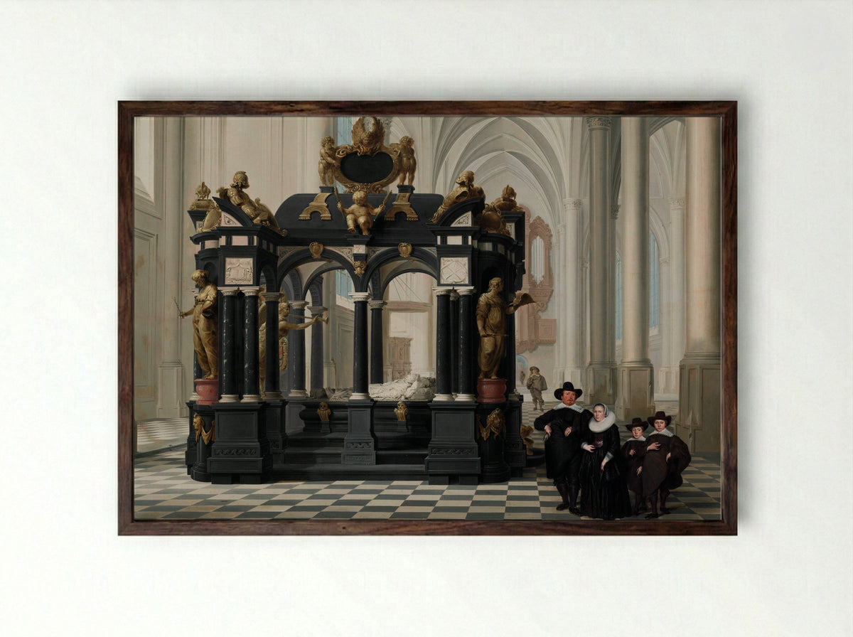 A Family beside the Tomb of Prince William I in the Nieuwe Kerk, Delft - Dirck van Delen - Framed Print Dark Wood