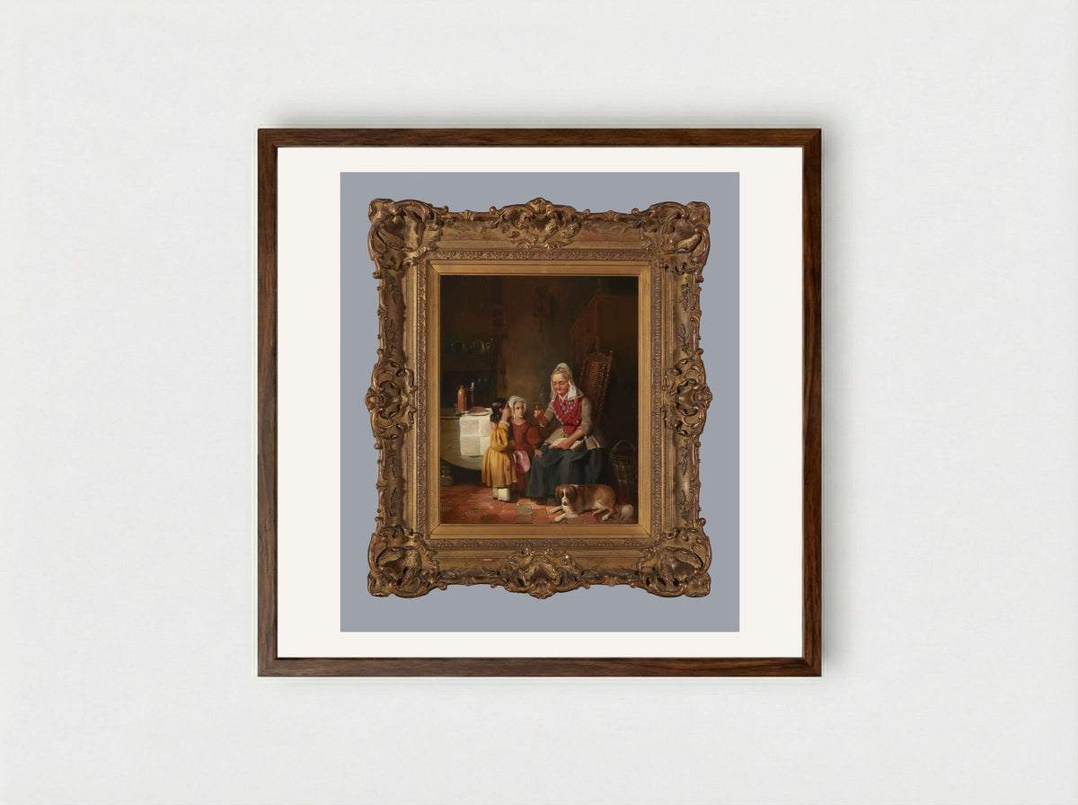 A Father with Two Children at the Mother's Grave - Willem Hendrik Schmidt - Framed Print Dark Wood