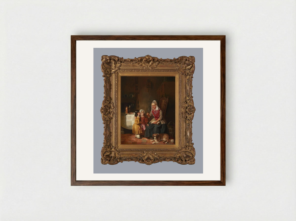 A Father with Two Children at the Mother's Grave - Willem Hendrik Schmidt - Framed Print Dark Wood