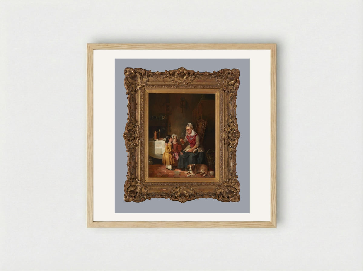 A Father with Two Children at the Mother's Grave - Willem Hendrik Schmidt - Framed Print Wood