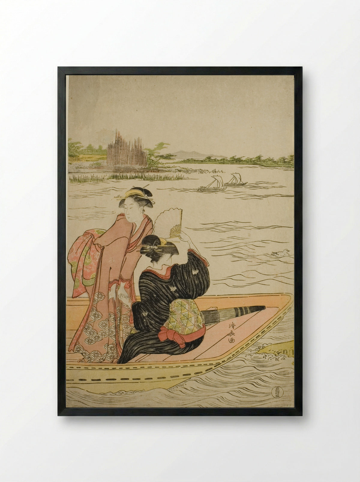 A Ferry on the Sumida River - Torii Kiyonaga - Framed Print Black