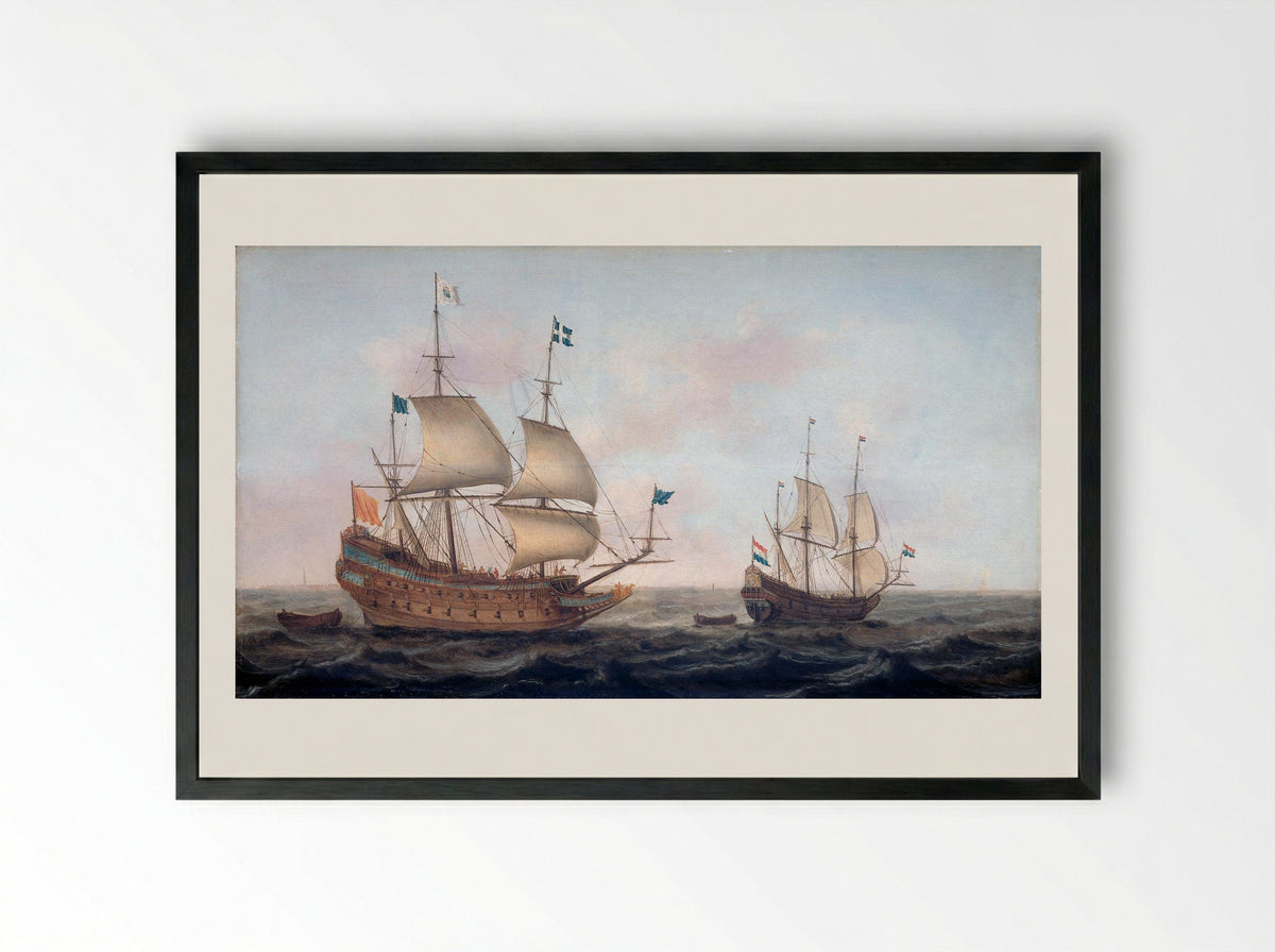 A French Warship and a Dutch Yacht at Sea - Jacob Gerritz. Loef - Framed Print Black