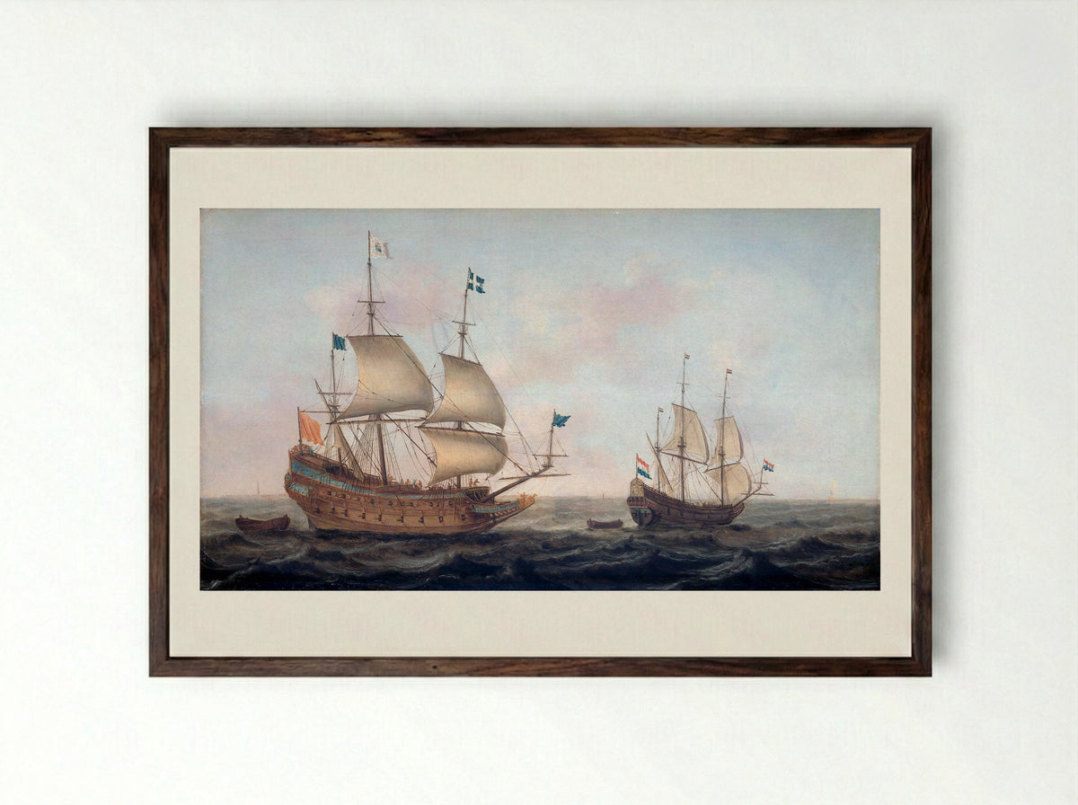 A French Warship and a Dutch Yacht at Sea - Jacob Gerritz. Loef - Framed Print Dark Wood