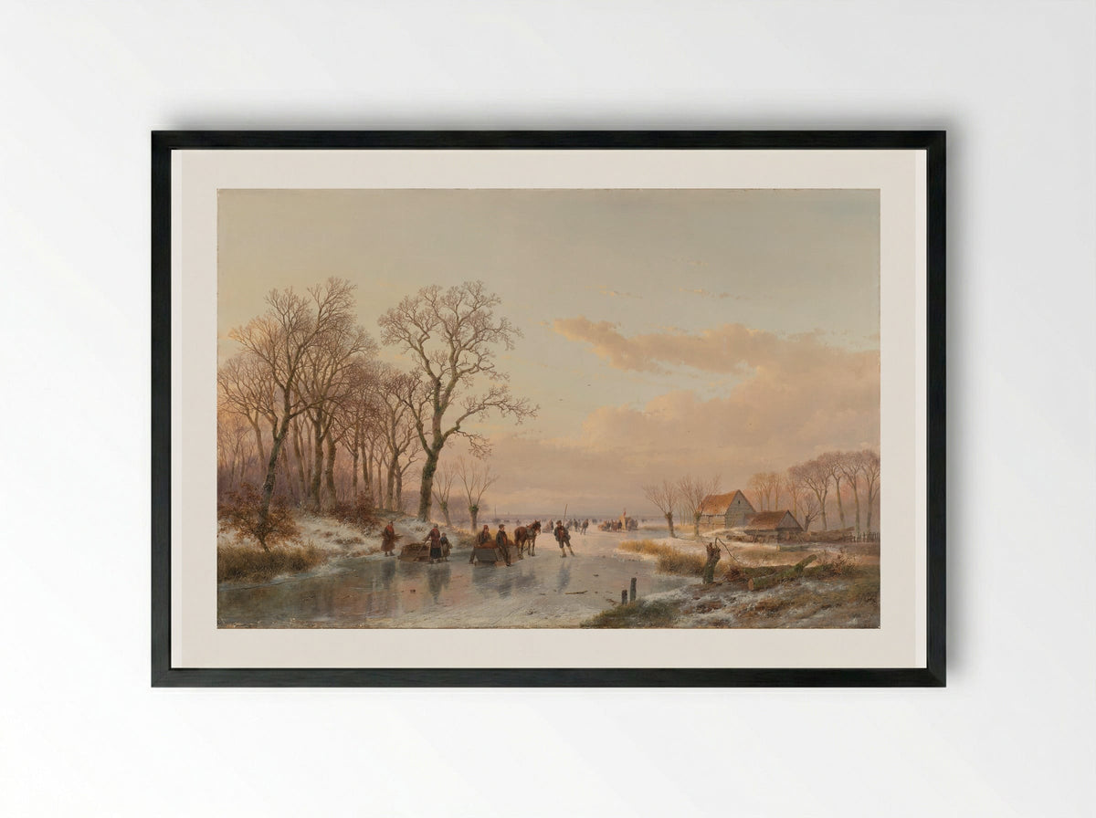A Frozen Canal near the River Maas - Andreas Schelfhout - Framed Print Black