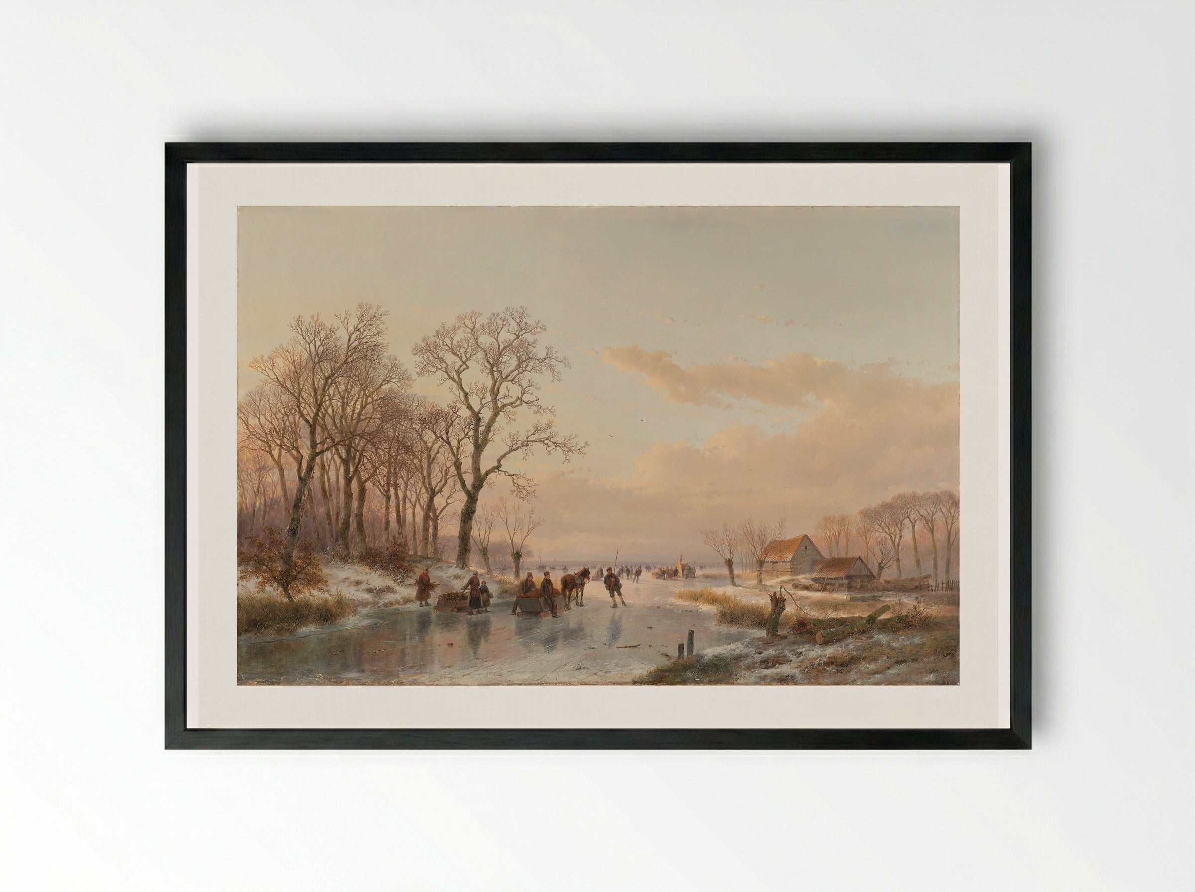 A Frozen Canal near the River Maas - Andreas Schelfhout - Framed Print Black