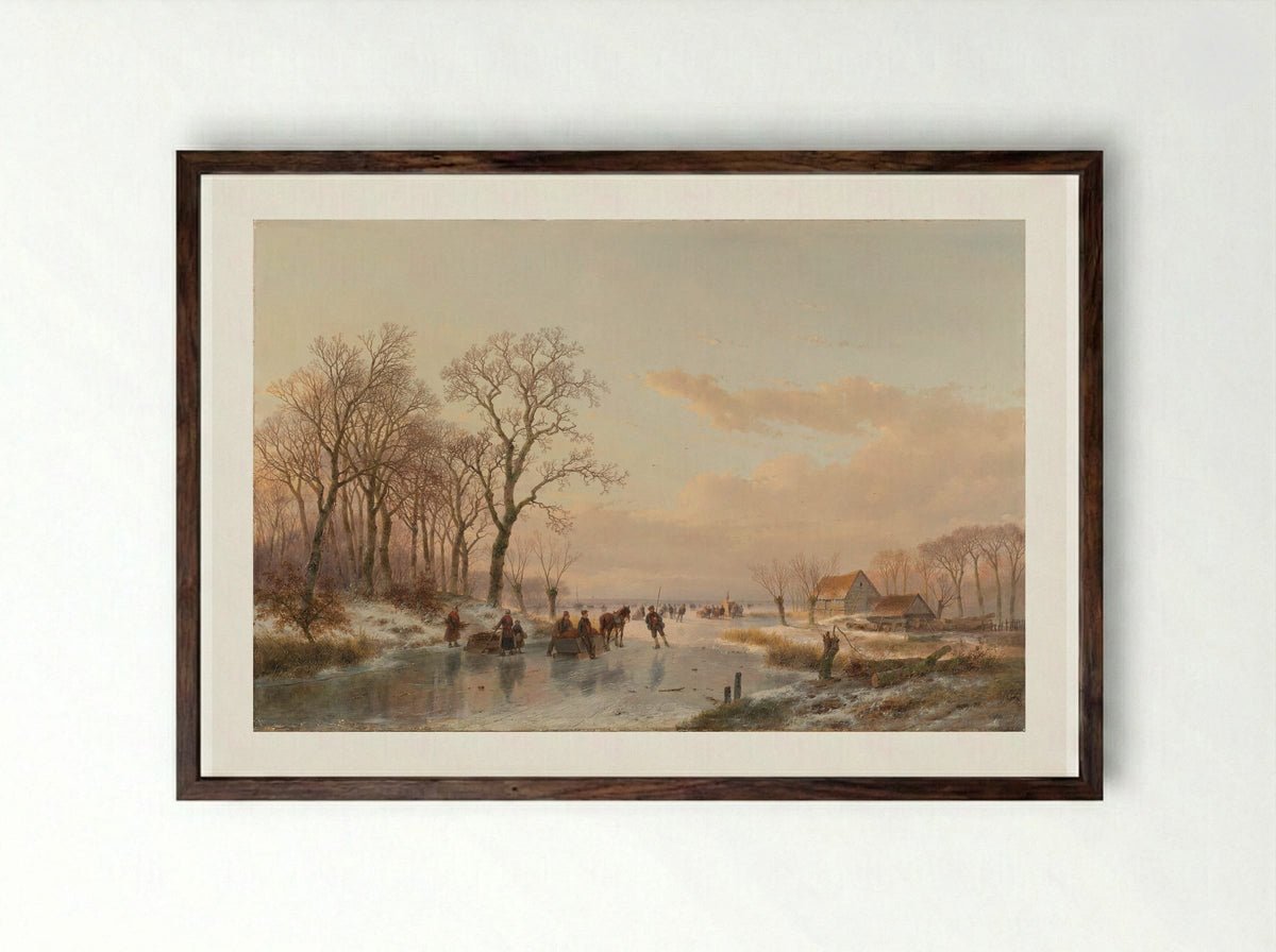 A Frozen Canal near the River Maas - Andreas Schelfhout - Framed Print Dark Wood