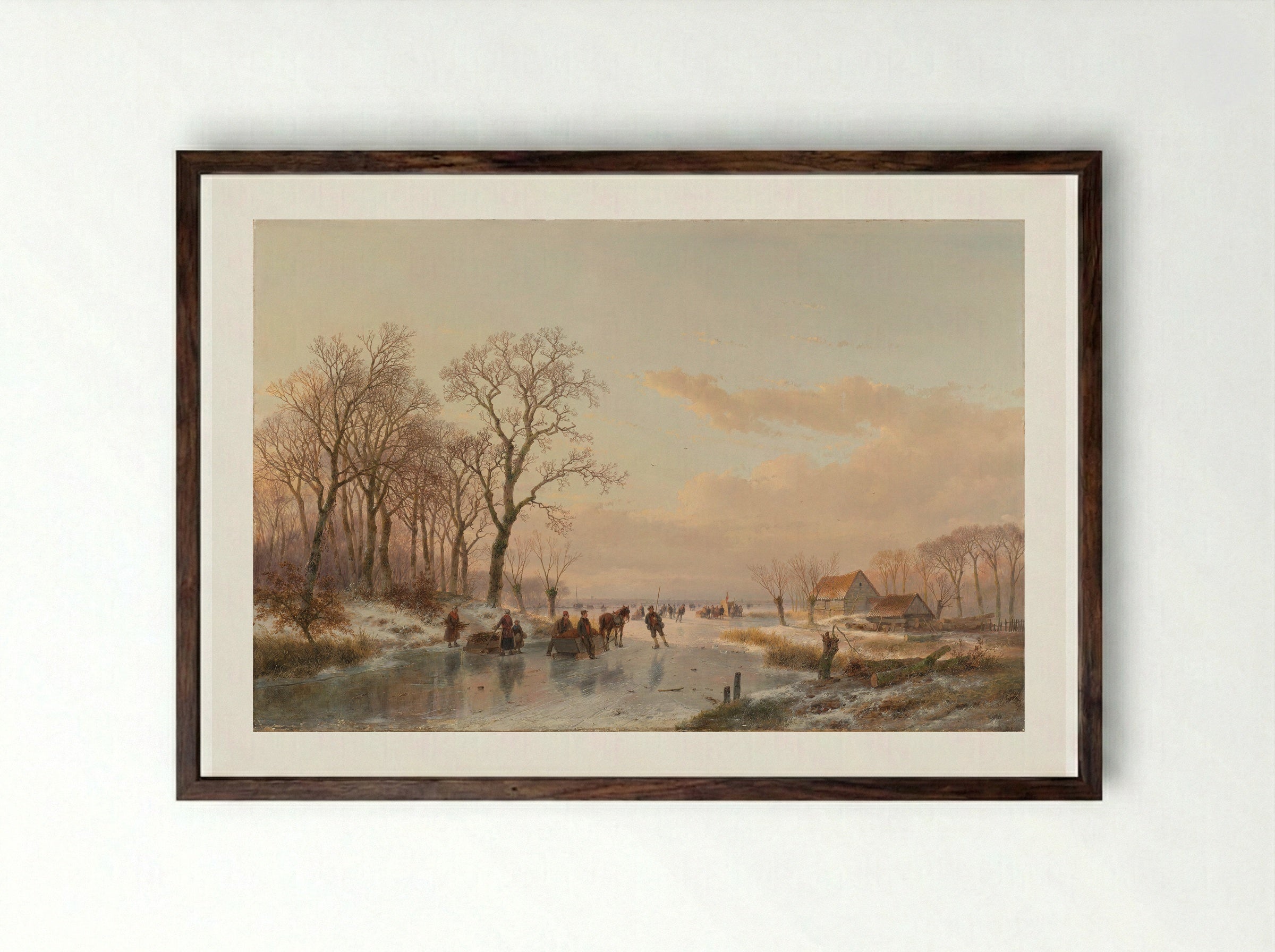 A Frozen Canal near the River Maas - Andreas Schelfhout - Framed Print Dark Wood