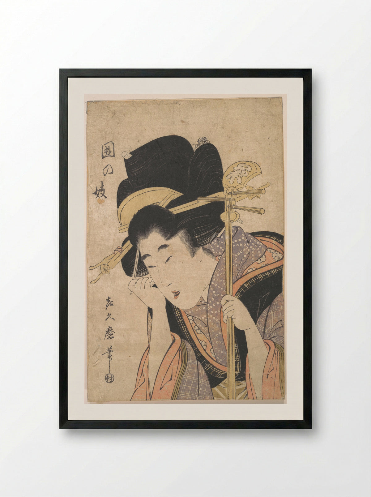 A Geisha with a Shamisen - Kitagawa Kikumaro - Framed Print Black