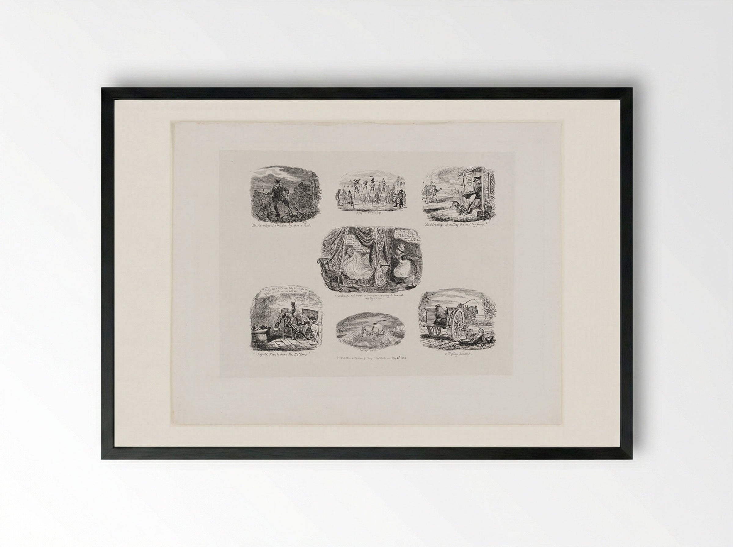 A Gentleman's Rest Broken in Consequence of Going to Bed with his Leg On - George Cruikshank - Framed Print Black