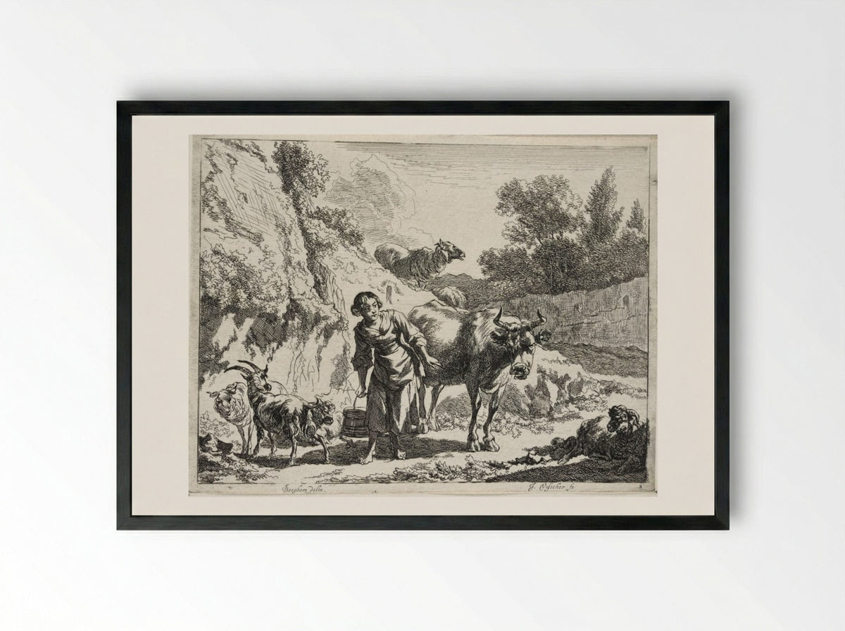 A Girl Carrying a Bucket - Johannes Visscher - Framed Print Black