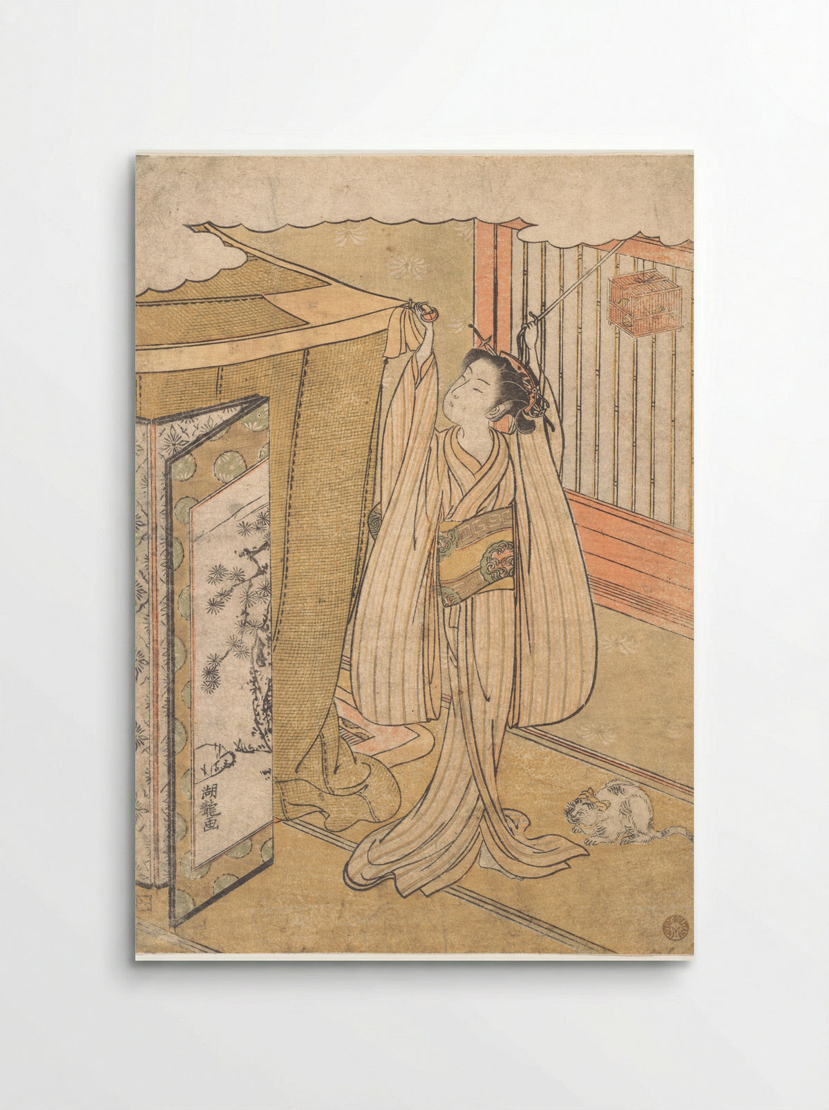 A Girl Hanging up a Mosquito Net Canopy over Her Bed - Isoda Koryūsai - Poster