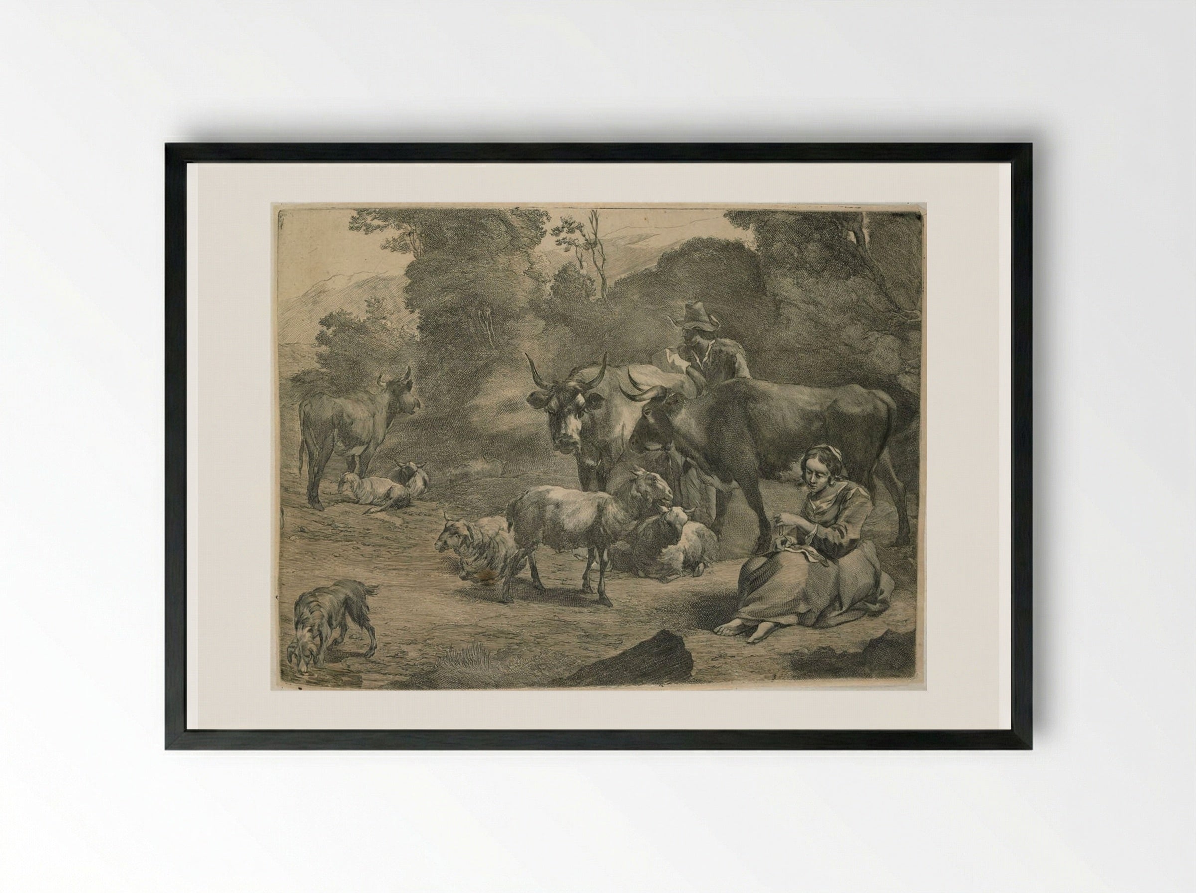 A Girl Sewing - Cornelis Visscher - Framed Print Black