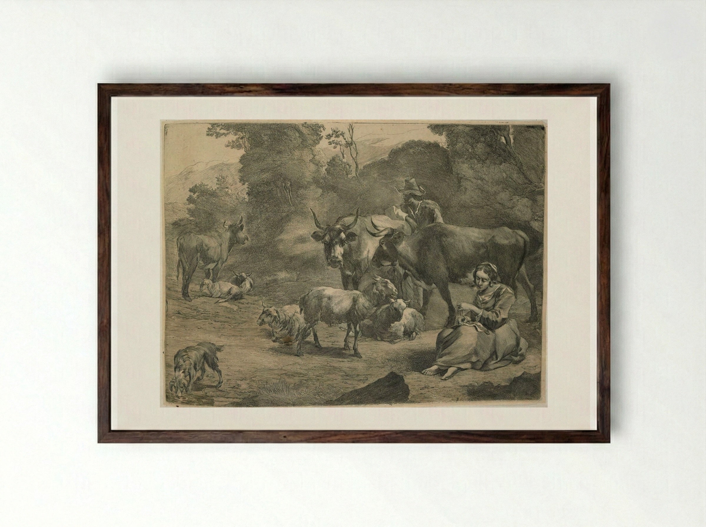 A Girl Sewing - Cornelis Visscher - Framed Print Dark Wood