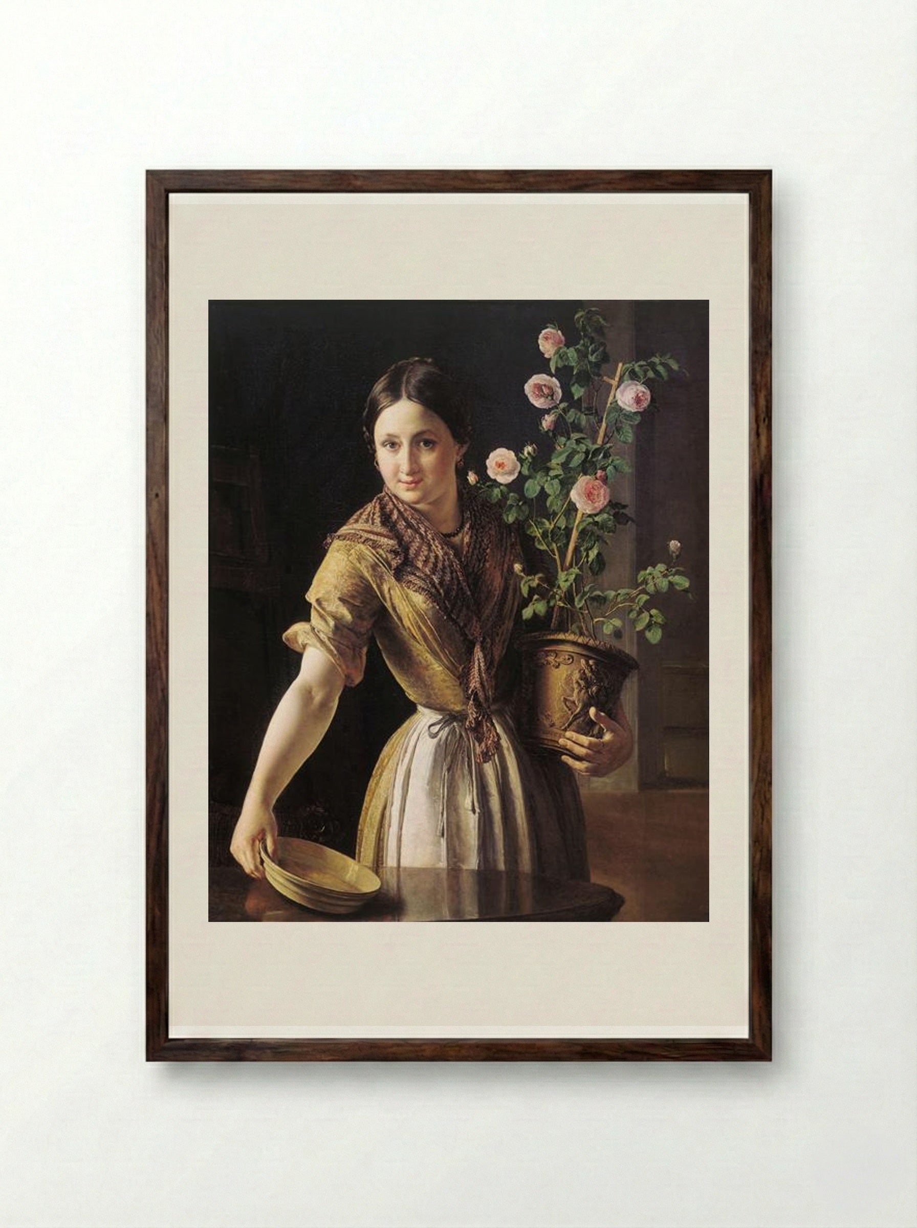 A Girl with a Pot of Roses - Vasily Tropinin - Framed Print Dark Wood