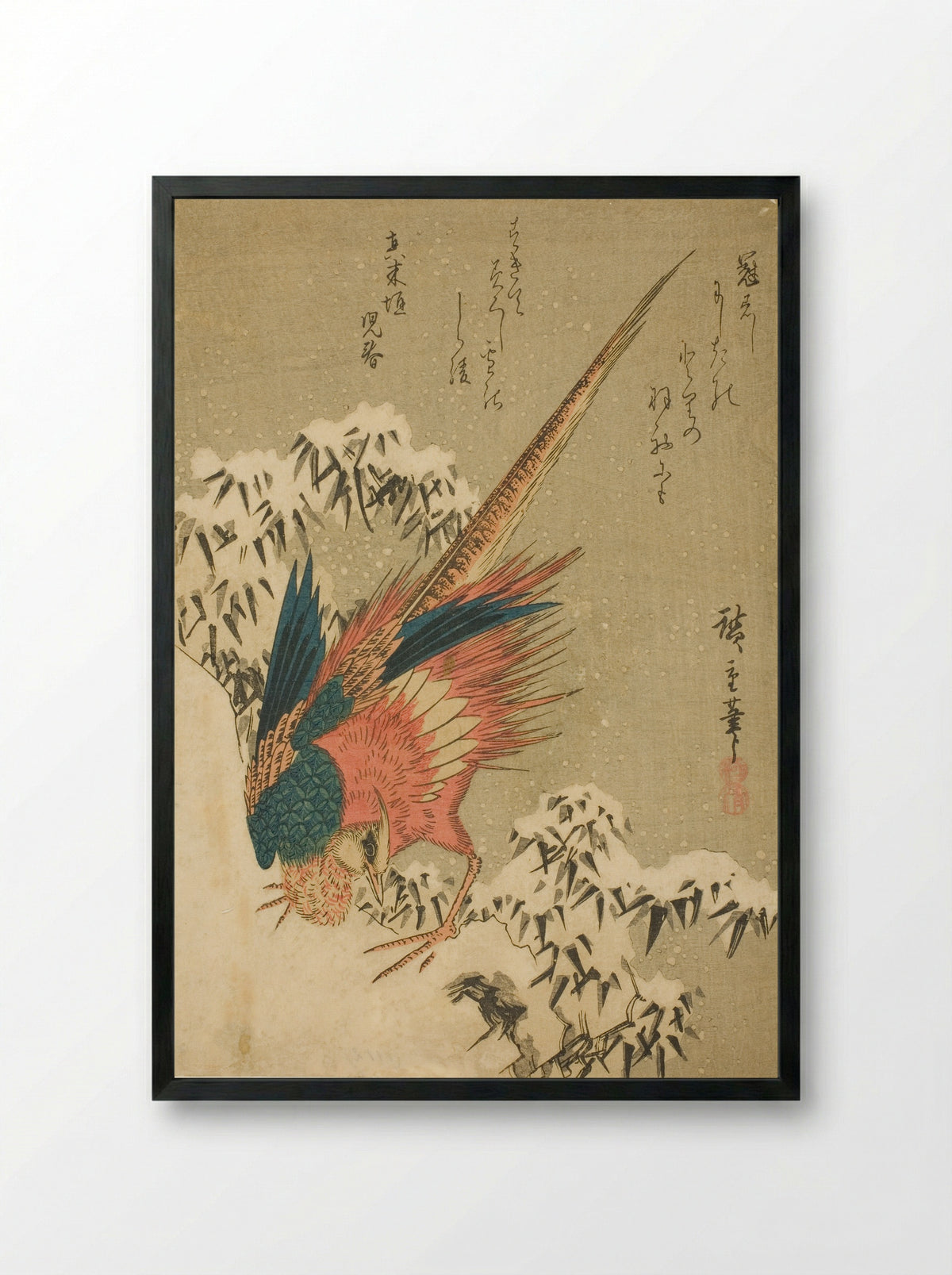 A Golden Pheasant amid Snow-Covered Bamboo on a Steep Hillside - Utagawa Hiroshige - Framed Print Black