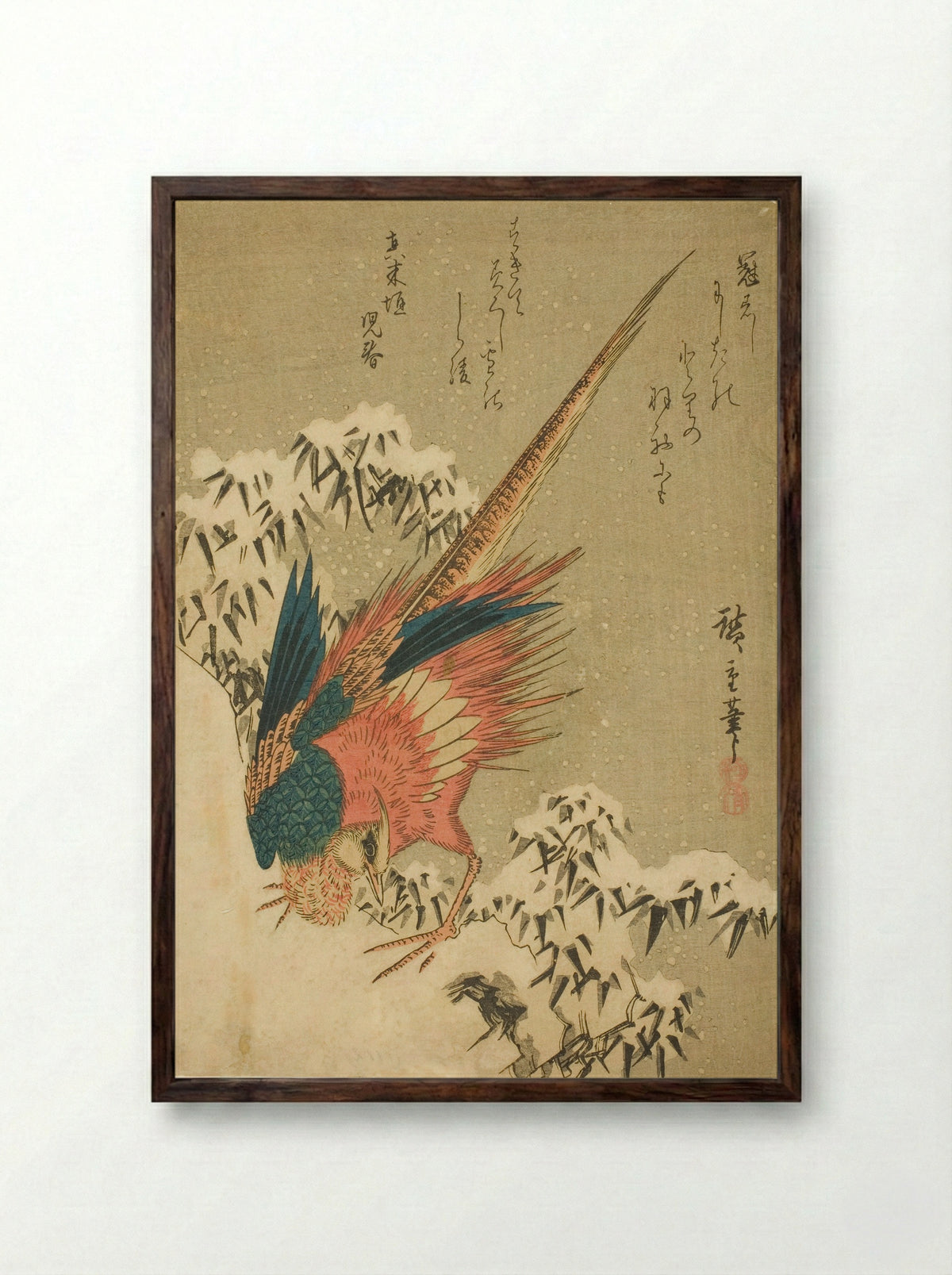 A Golden Pheasant amid Snow-Covered Bamboo on a Steep Hillside - Utagawa Hiroshige - Framed Print Dark Wood