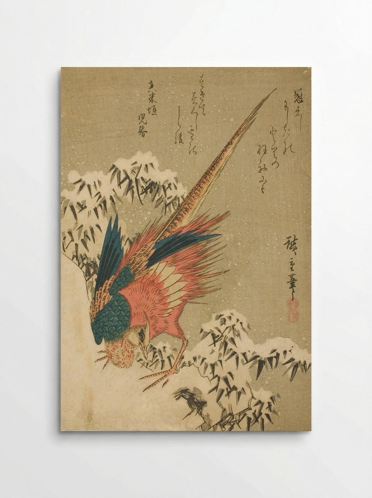 A Golden Pheasant amid Snow-Covered Bamboo on a Steep Hillside - Utagawa Hiroshige - Poster