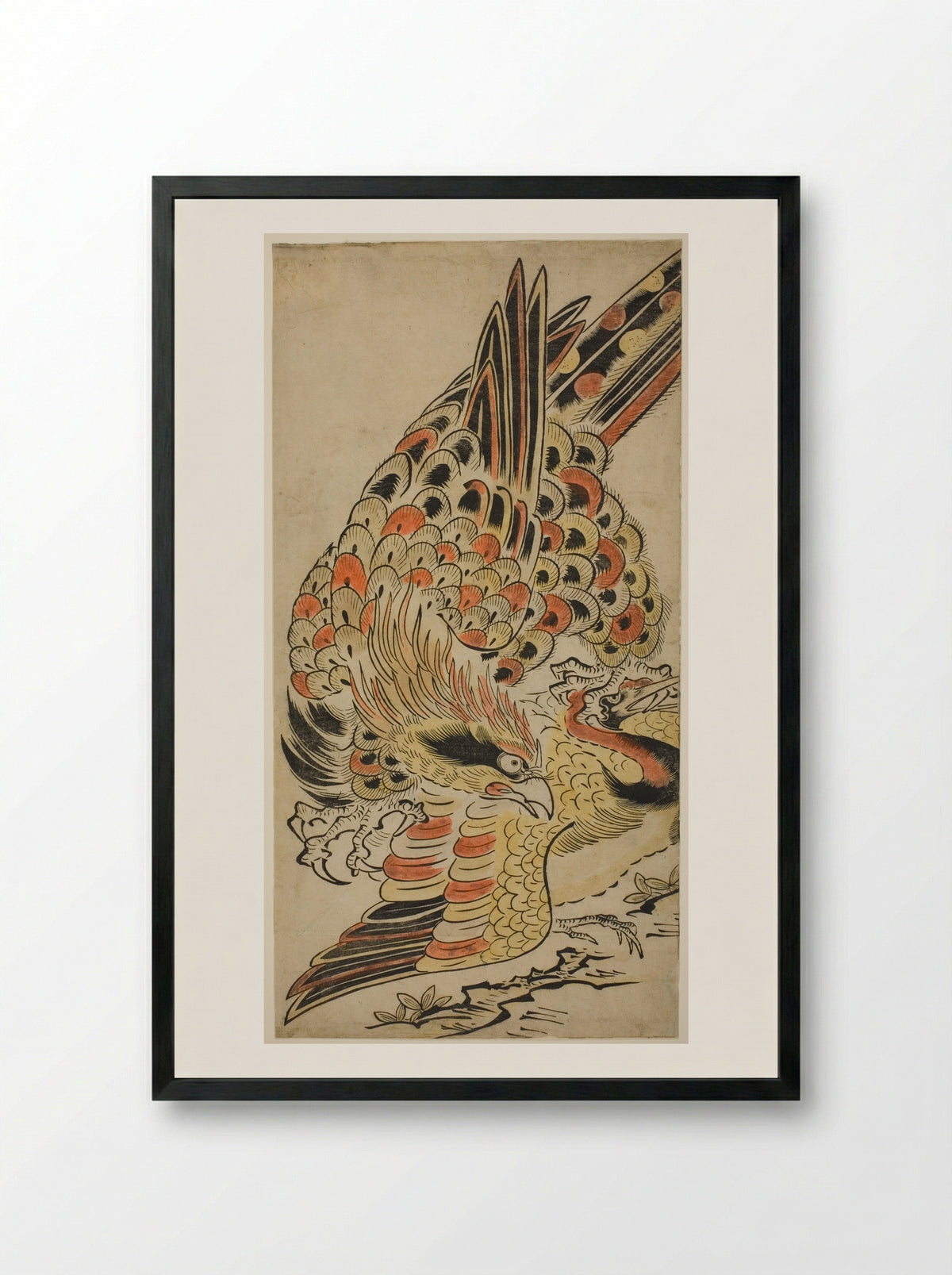 A Hawk Capturing a Crane in Flight - Torii Kiyomasu I - Framed Print Black