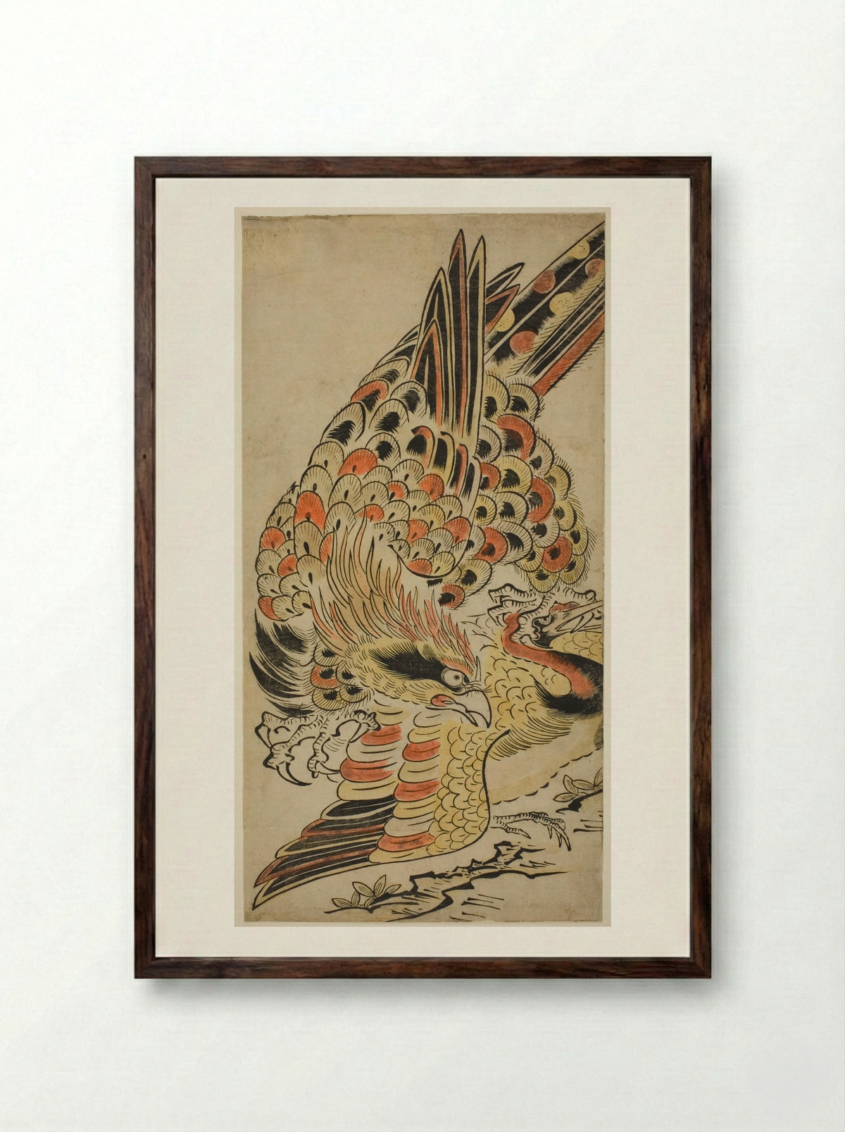 A Hawk Capturing a Crane in Flight - Torii Kiyomasu I - Framed Print Dark Wood