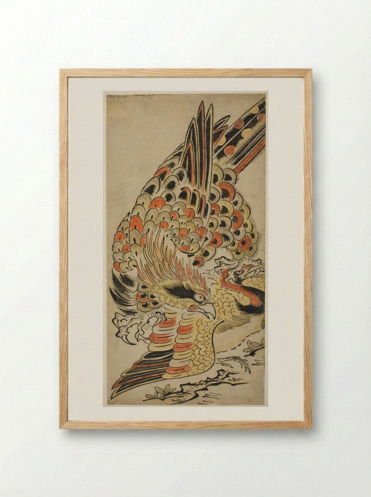 A Hawk Capturing a Crane in Flight - Torii Kiyomasu I - Framed Print Wood