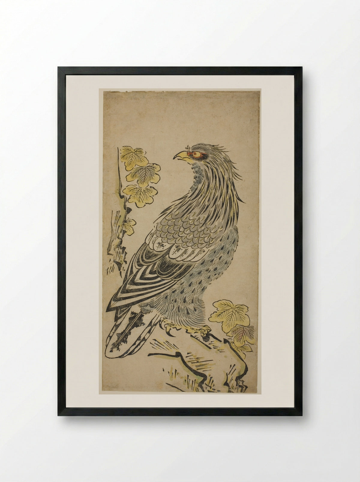 A Hawk on a Cliff near a Kiri Tree - Torii Kiyomasu I - Framed Print Black
