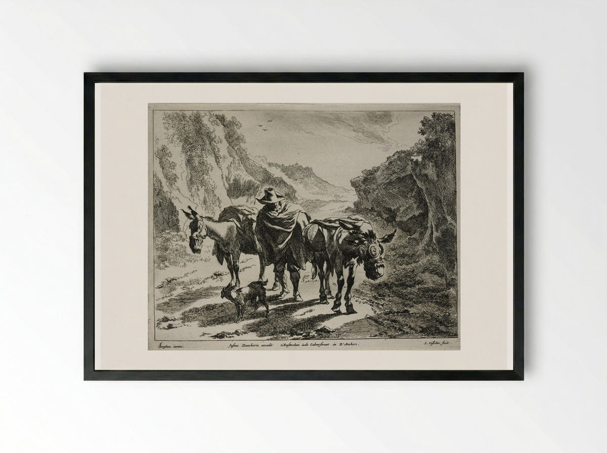 A Herdsman Guiding Two Donkeys - Johannes Visscher - Framed Print Black