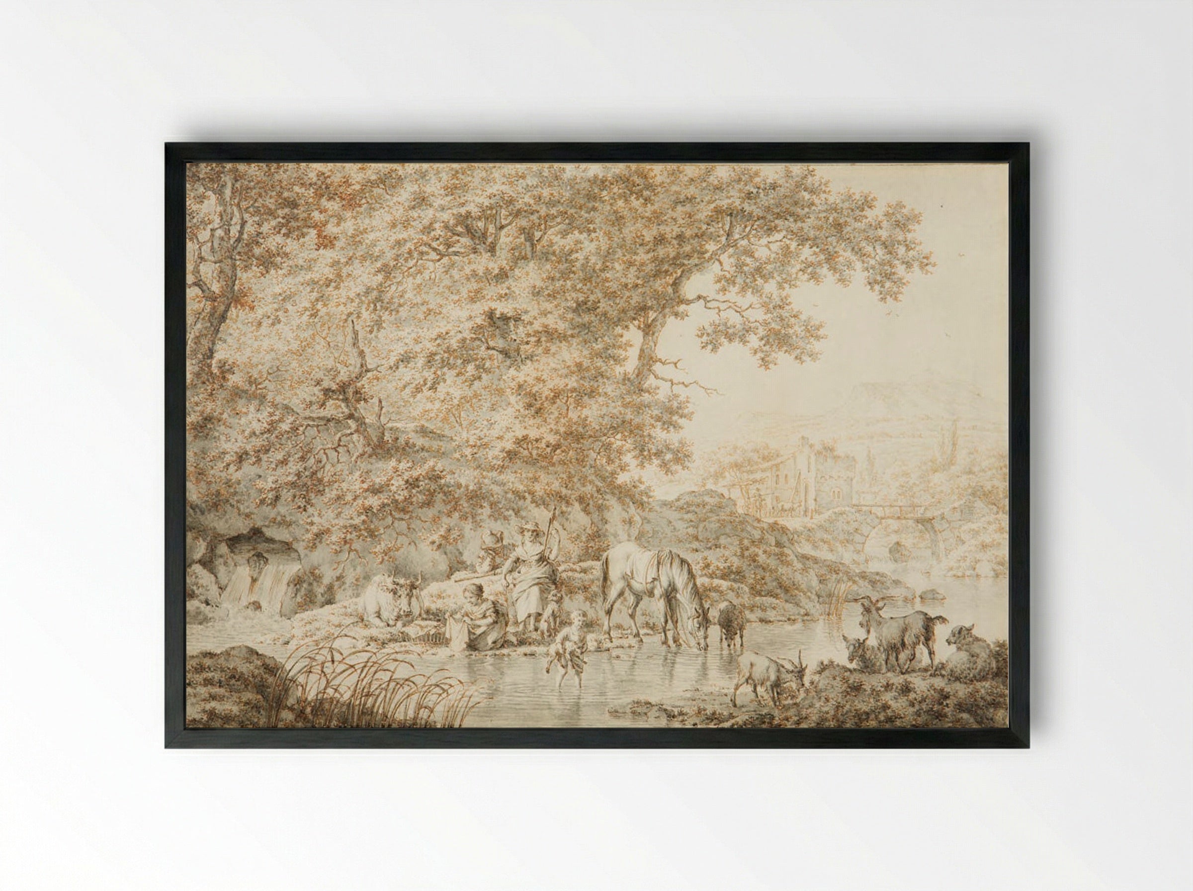 A Herdsman with his Family and Cattle by a Stream - Jacob Cats - Framed Print Black