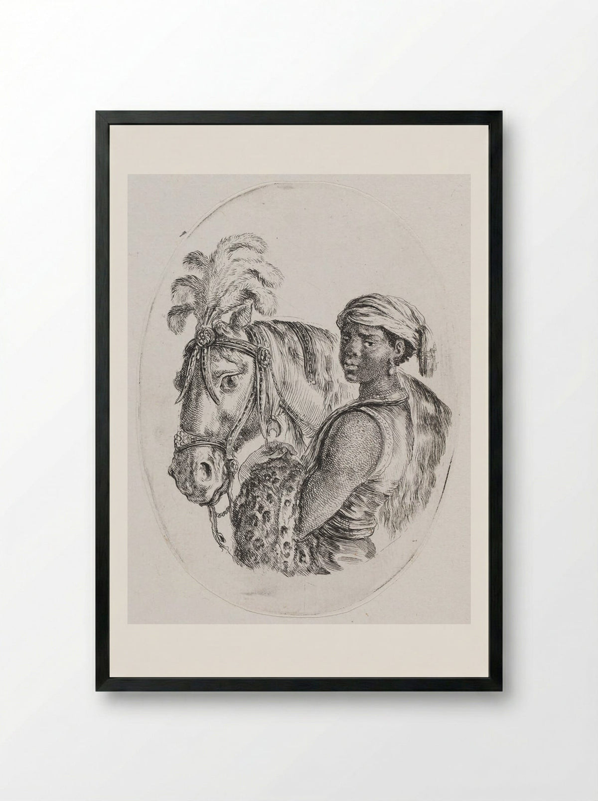 A Horse with Its Keeper, a Black Youth with a Leopardskin over His Arm - Stefano Della Bella - Framed Print Black