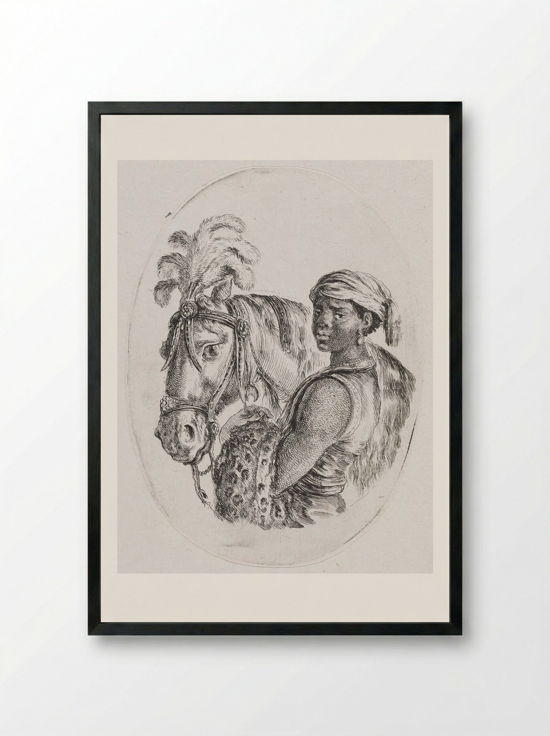 A Horse with Its Keeper, a Black Youth with a Leopardskin over His Arm - Stefano Della Bella - Framed Print Black
