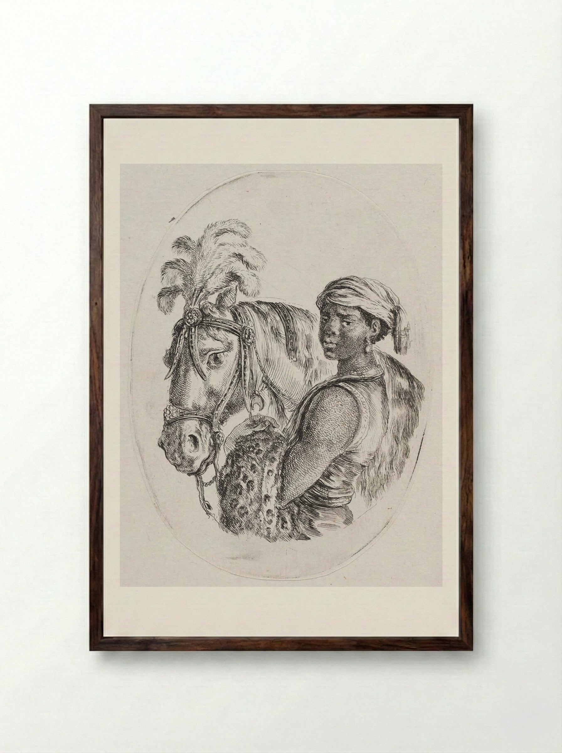 A Horse with Its Keeper, a Black Youth with a Leopardskin over His Arm - Stefano Della Bella - Framed Print Dark Wood