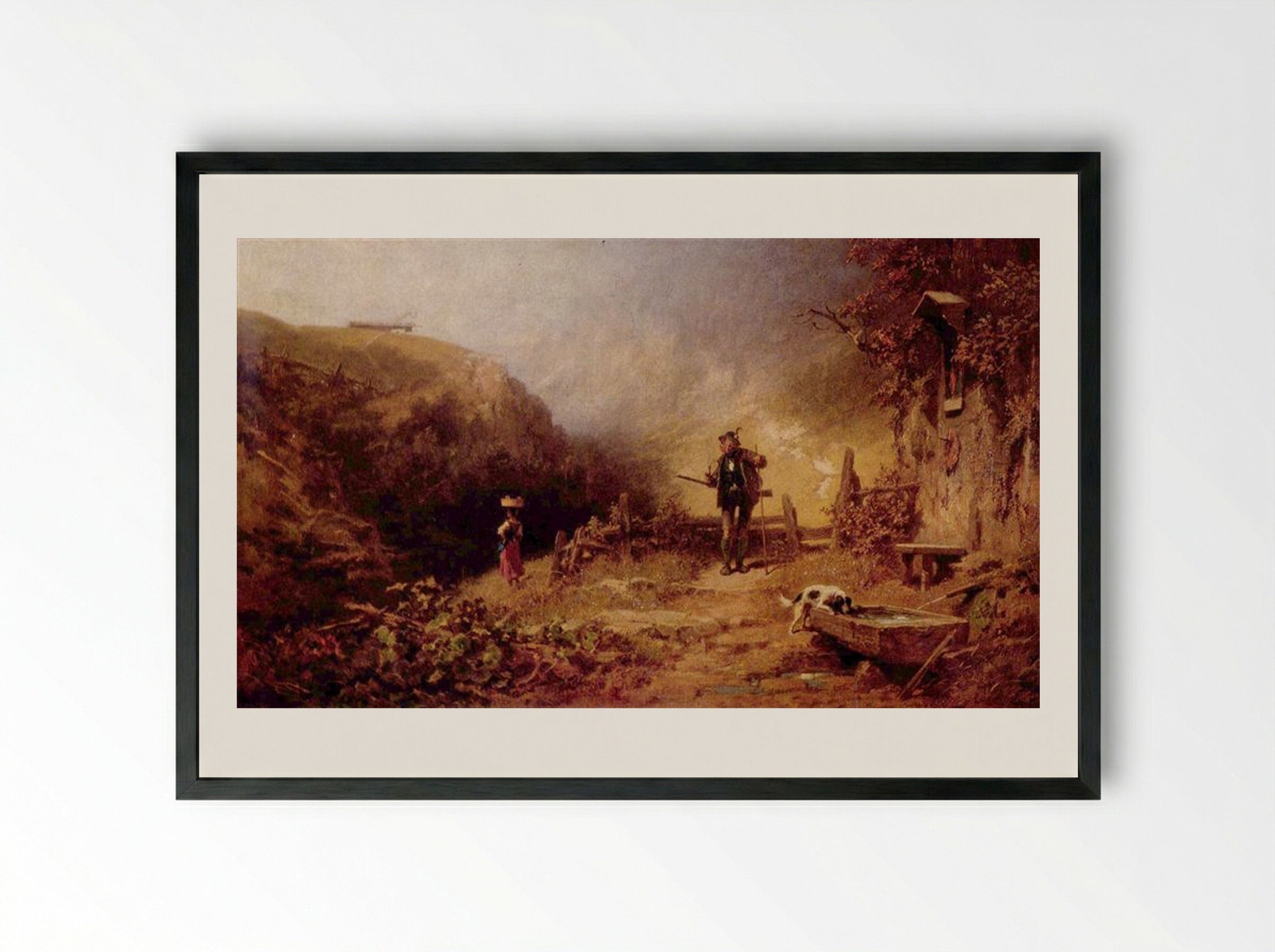 A Hunter Looking to a Young Girl - Carl Spitzweg - Framed Print Black