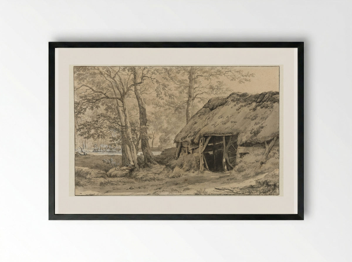 A Hut or Sheep Pen in the Woods - Adriaen van de Velde - Framed Print Black