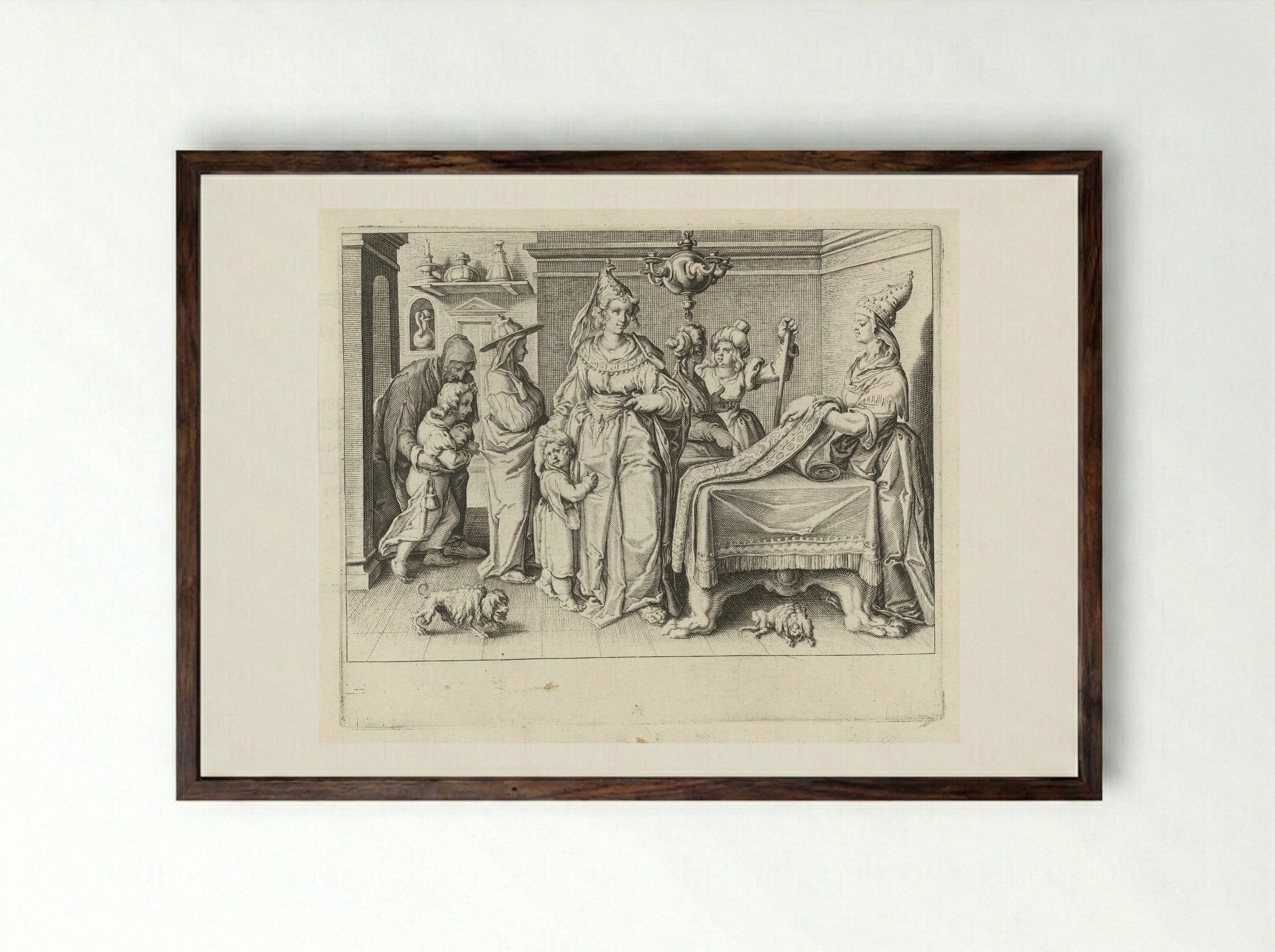 A Lacedaemonian Woman Showing Her Children to a Weaver - Zacharias Dolendo - Framed Print Dark Wood
