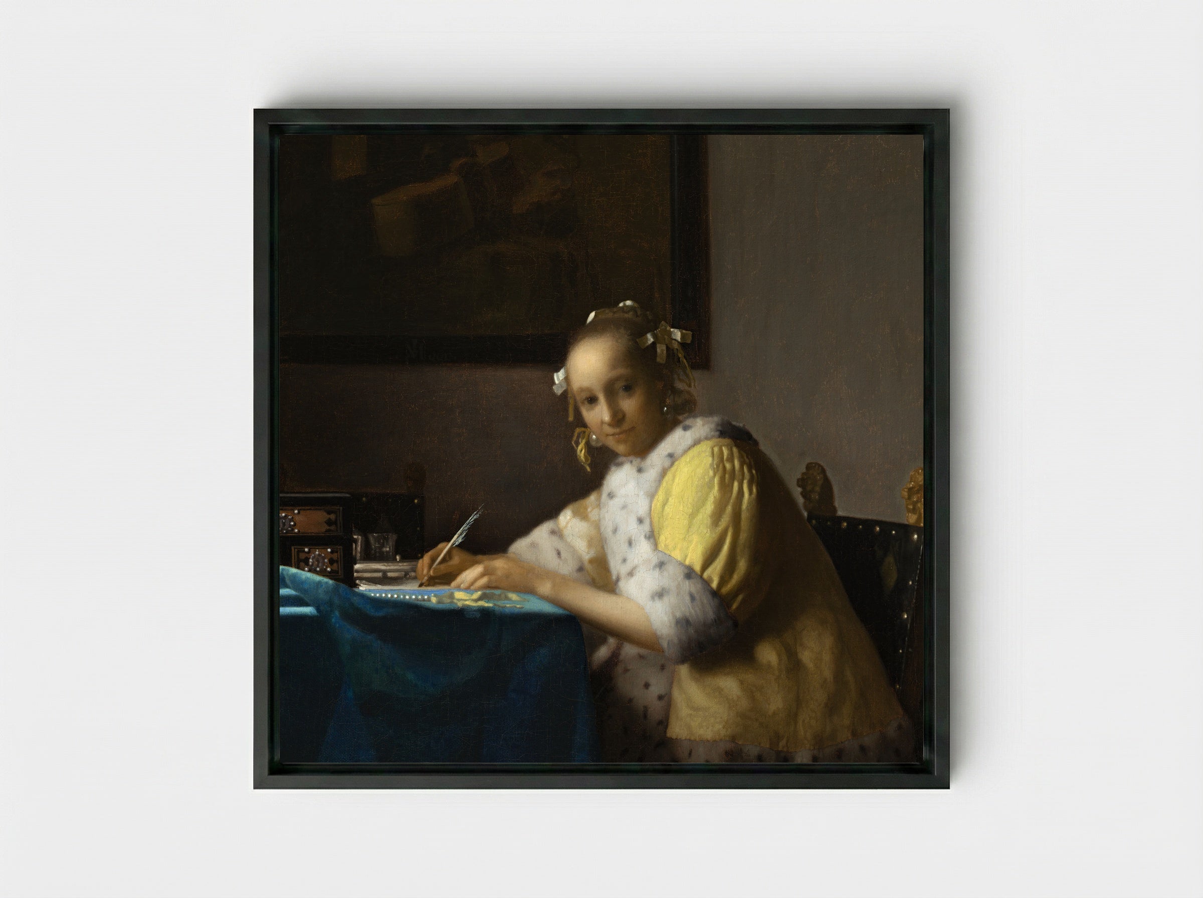 A Lady Writing a Letter - Johannes Vermeer - Framed Canvas Black