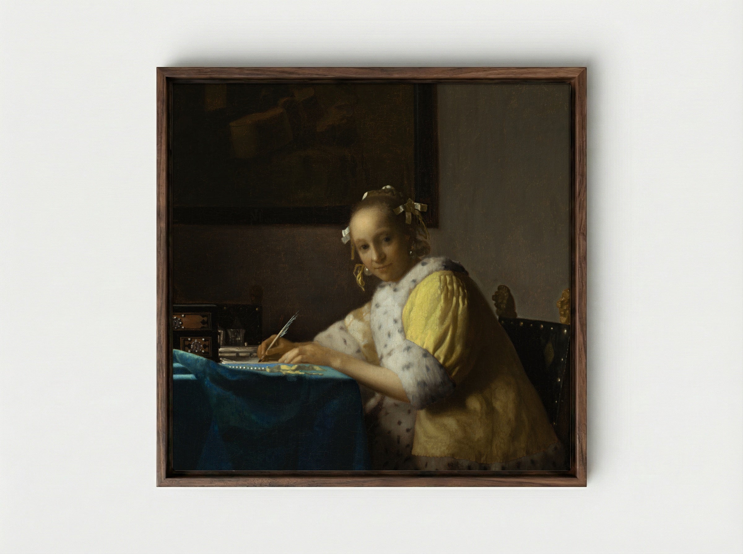 A Lady Writing a Letter - Johannes Vermeer - Framed Canvas Dark Wood